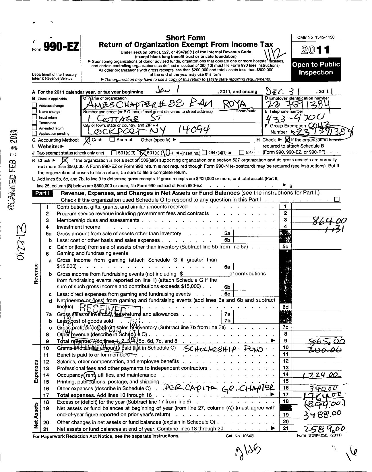 Image of first page of 2011 Form 990EO for Ames Chapter 88 RAM