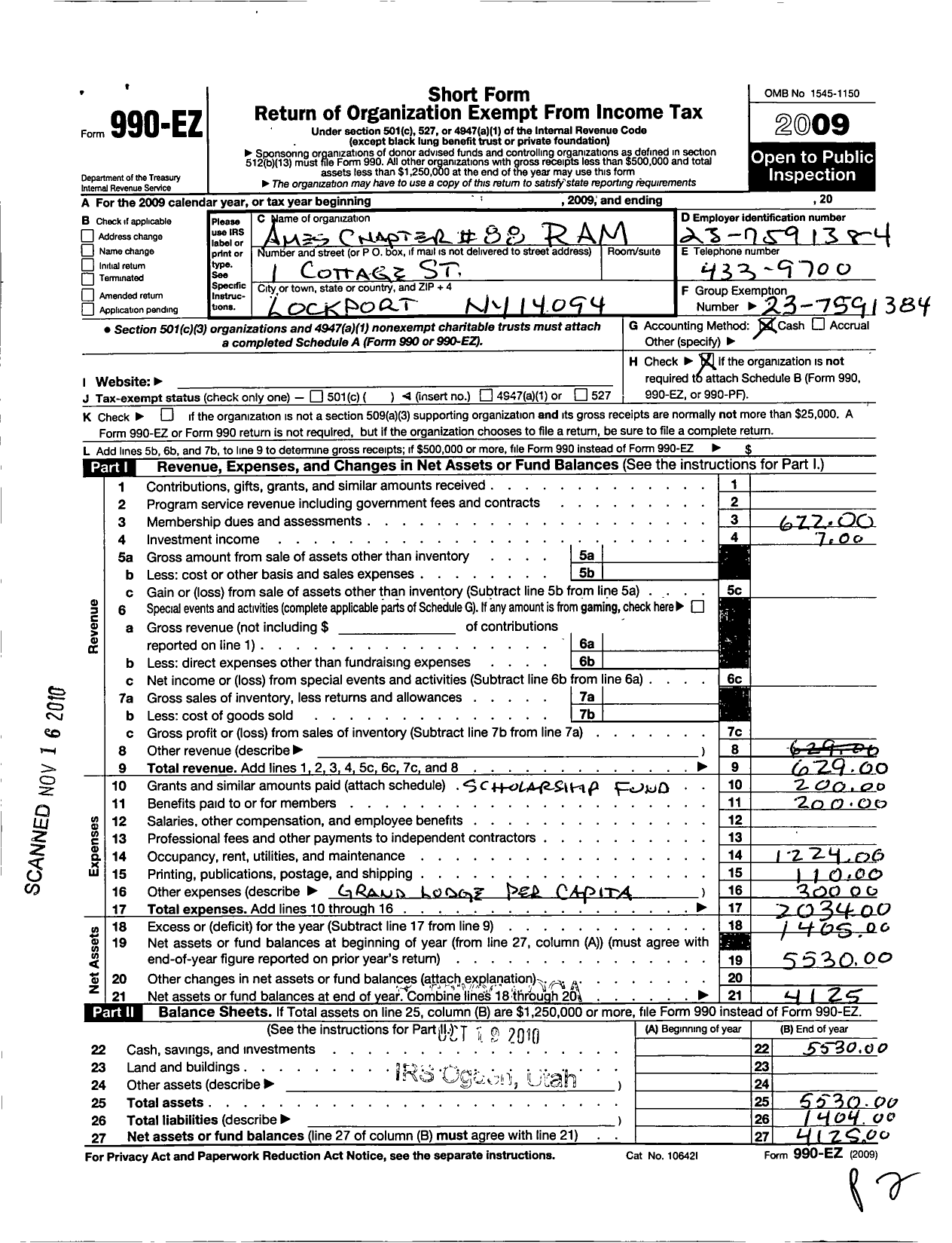 Image of first page of 2009 Form 990EO for Ames Chapter 88 RAM