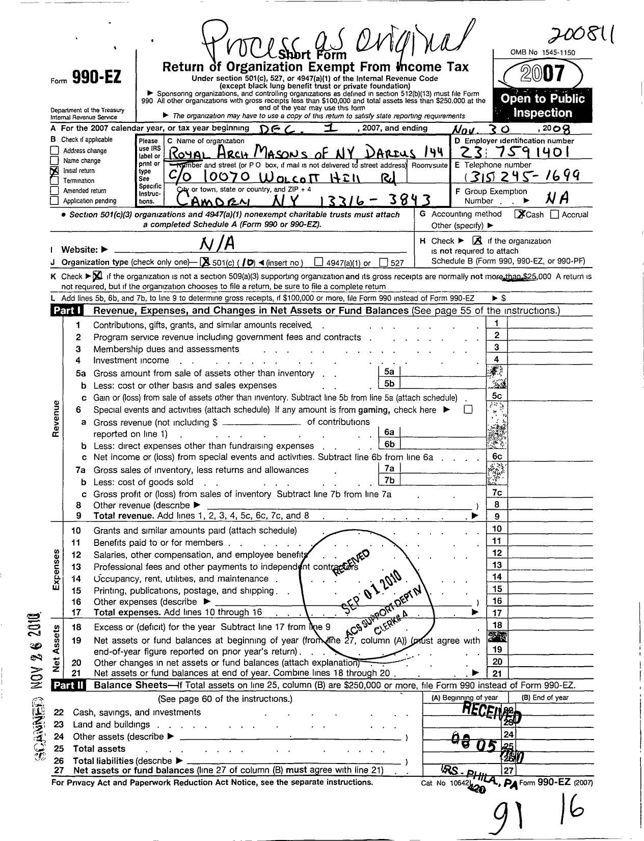 Image of first page of 2007 Form 990EO for Royal Arch Masons of New York - 144 Darius