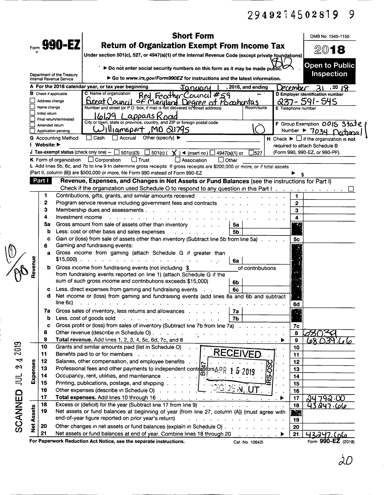 Image of first page of 2018 Form 990EO for Improved Order of Redmen Degree of Pocahontas of Maryland - 59 Red Feather Council