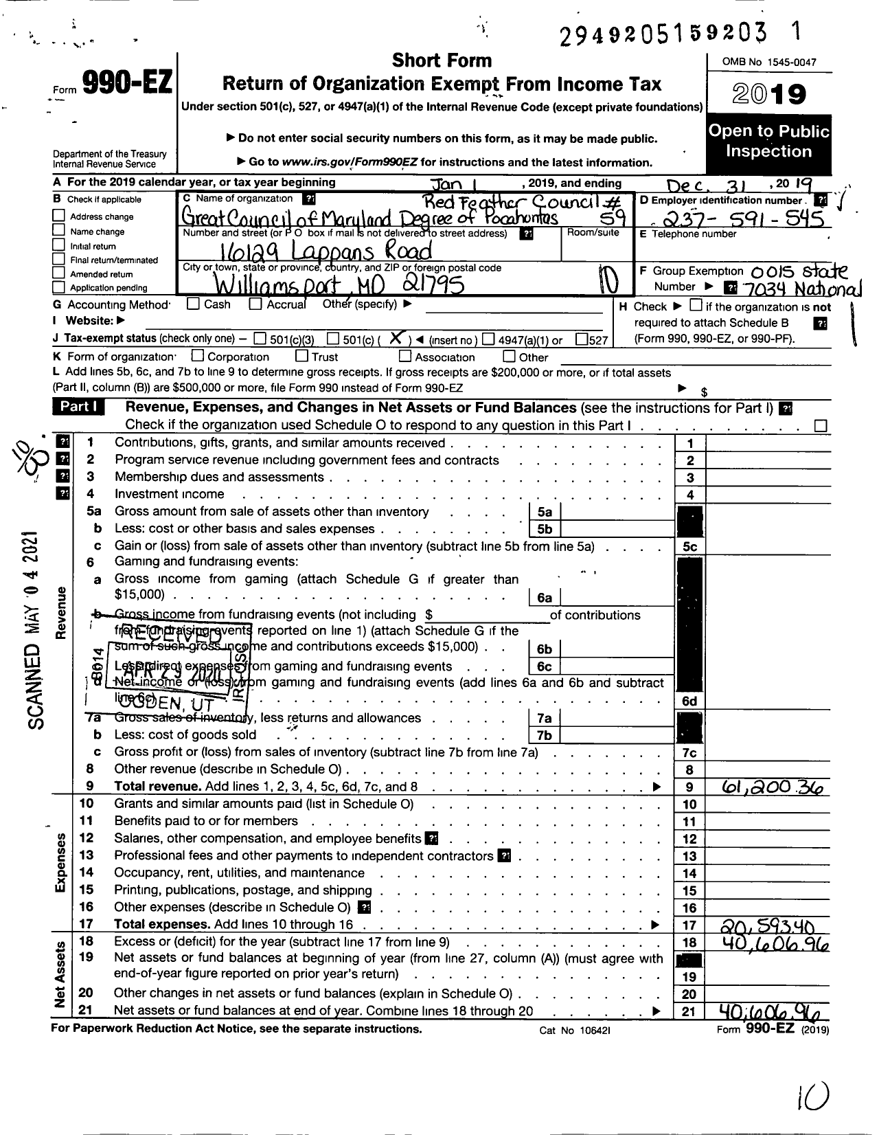 Image of first page of 2019 Form 990EO for Improved Order of Redmen Degree of Pocahontas of Maryland - 59 Red Feather Council