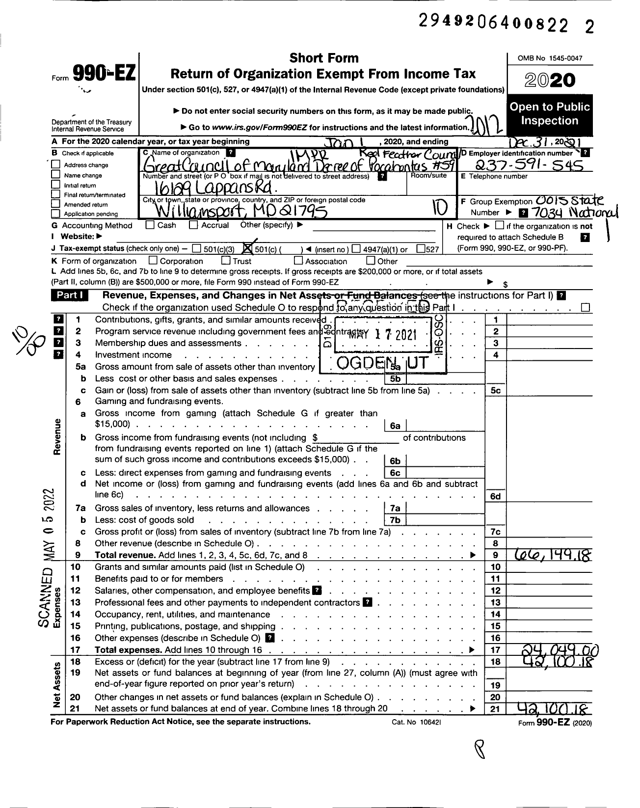 Image of first page of 2020 Form 990EO for Improved Order of Redmen Degree of Pocahontas of Maryland - 59 Red Feather Council