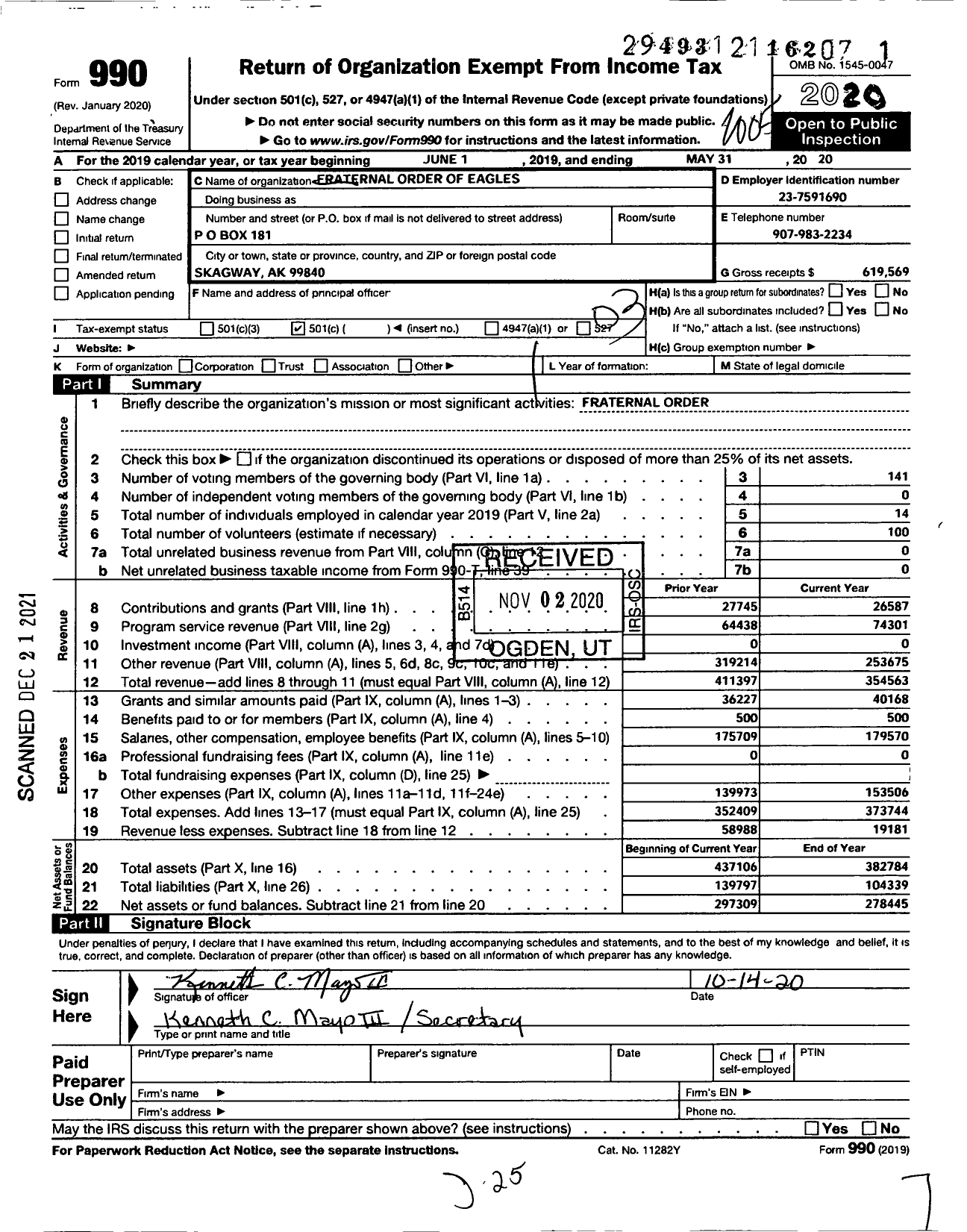 Image of first page of 2019 Form 990 for Fraternal Order of Eagles - 25 Aerie