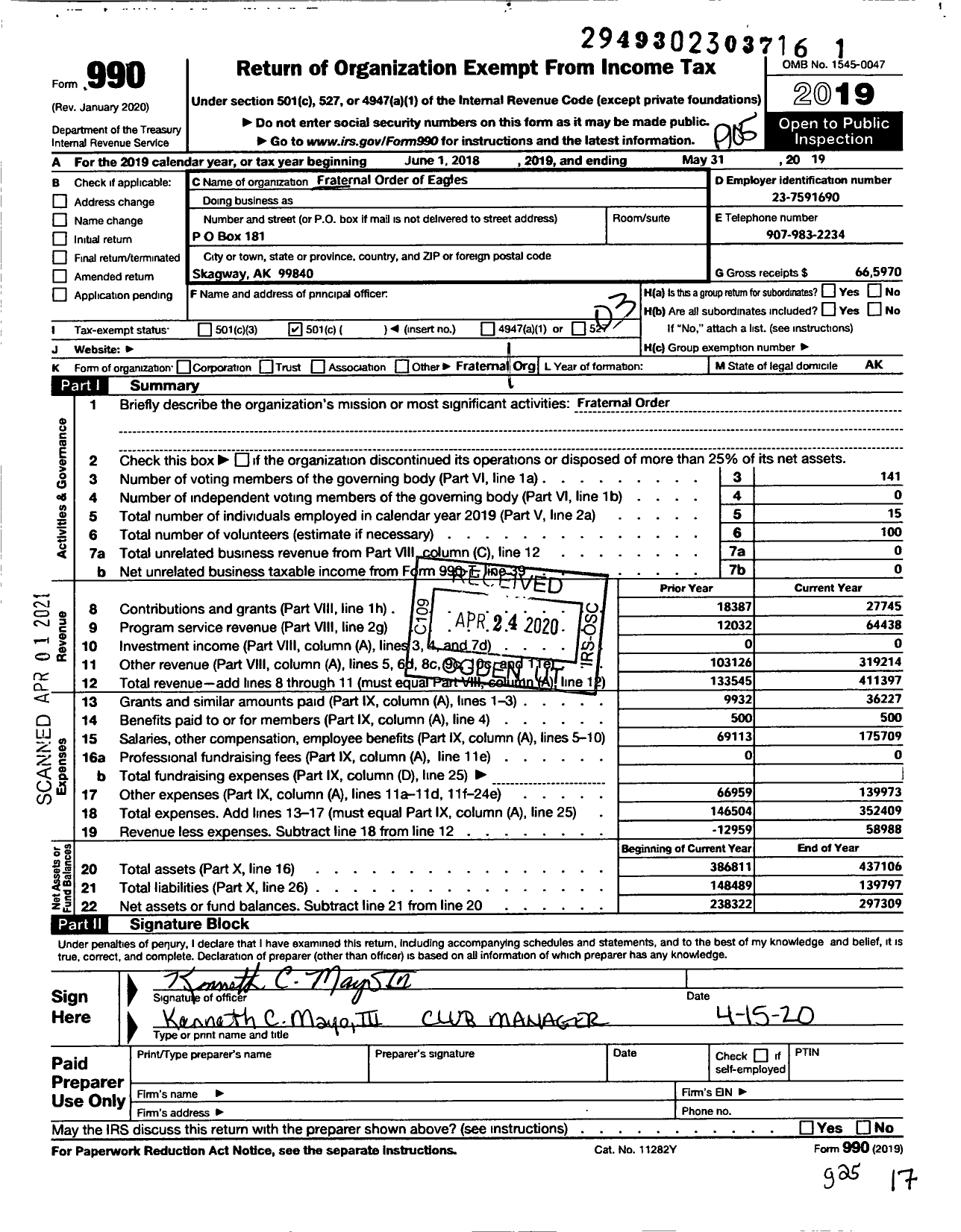 Image of first page of 2018 Form 990 for Fraternal Order of Eagles - 25 Aerie