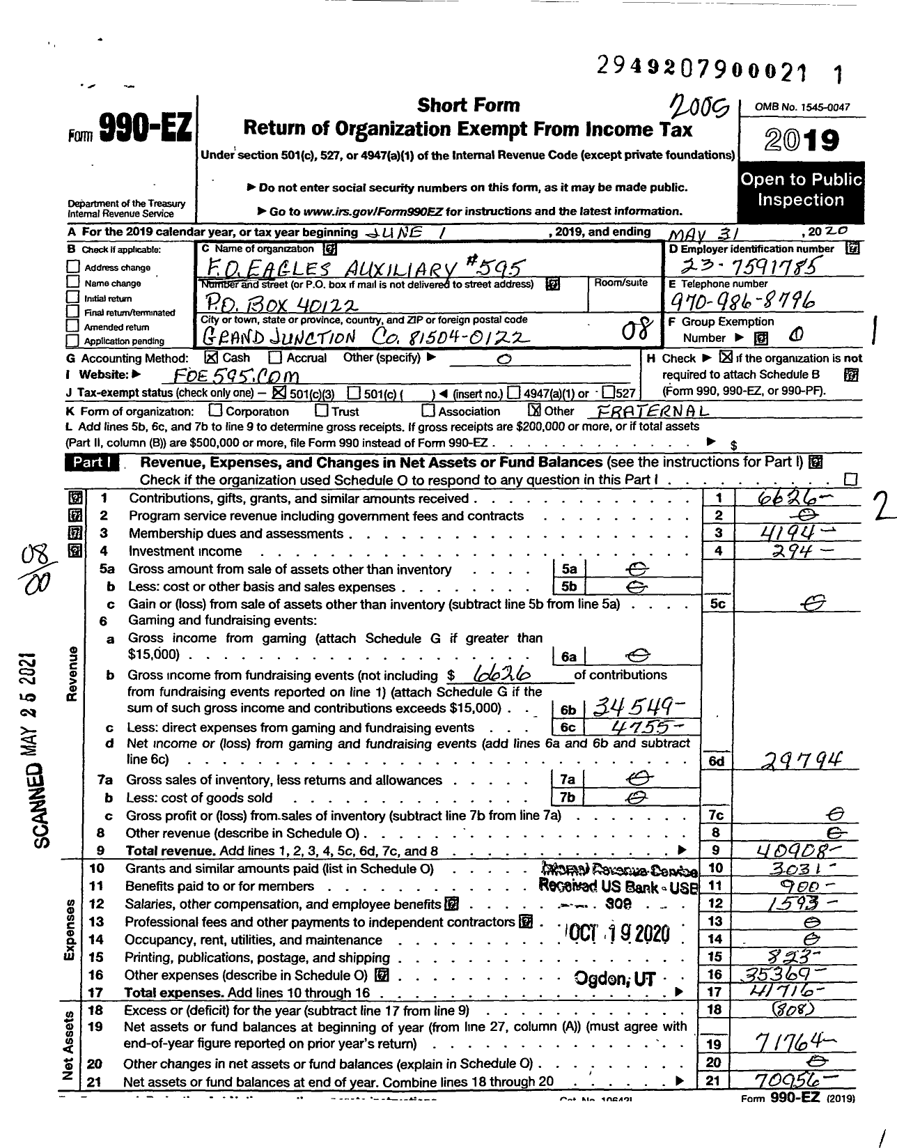 Image of first page of 2019 Form 990EO for Fraternal Order of EAGLES - 595 Aux