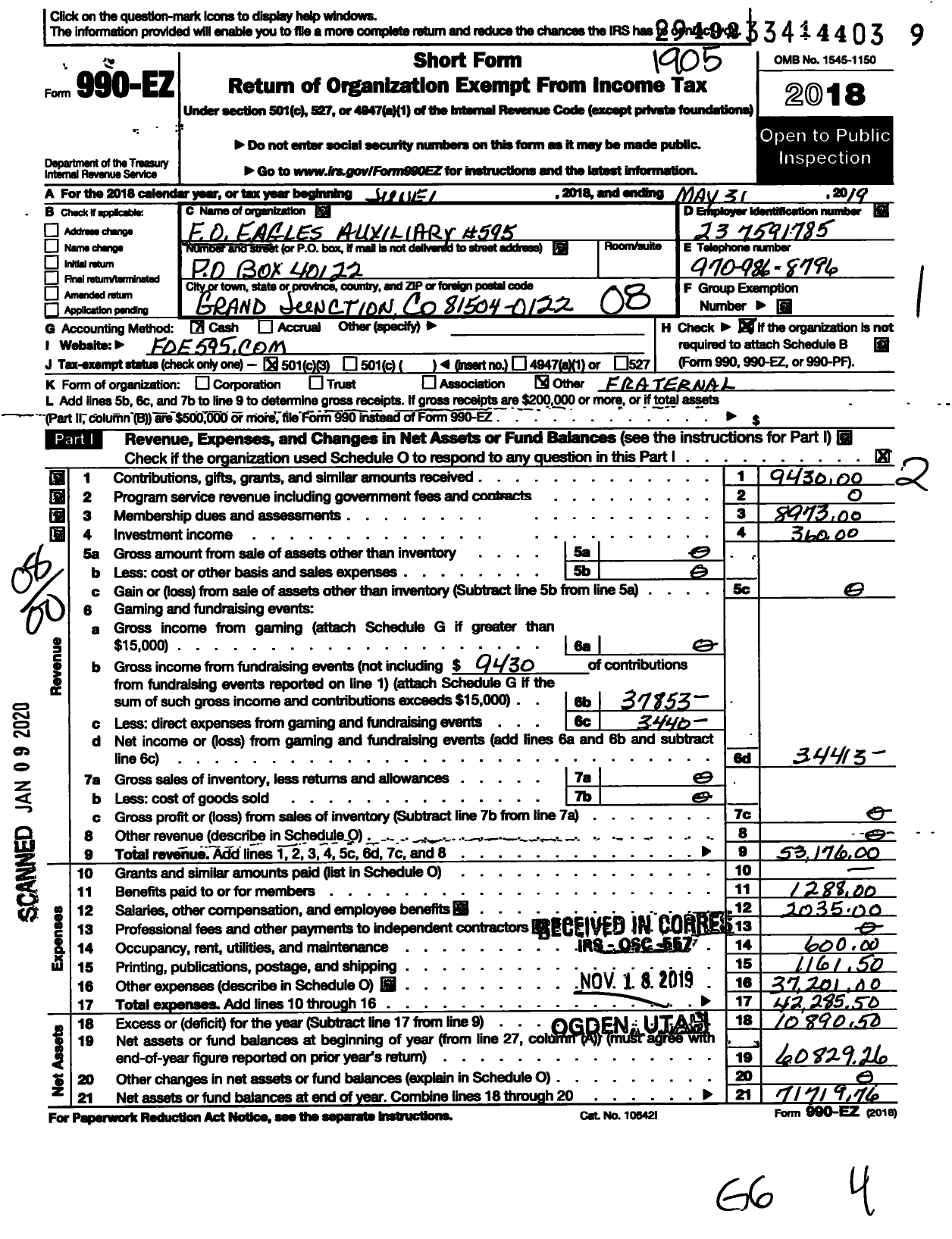 Image of first page of 2018 Form 990EO for Fraternal Order of EAGLES - 595 Aux