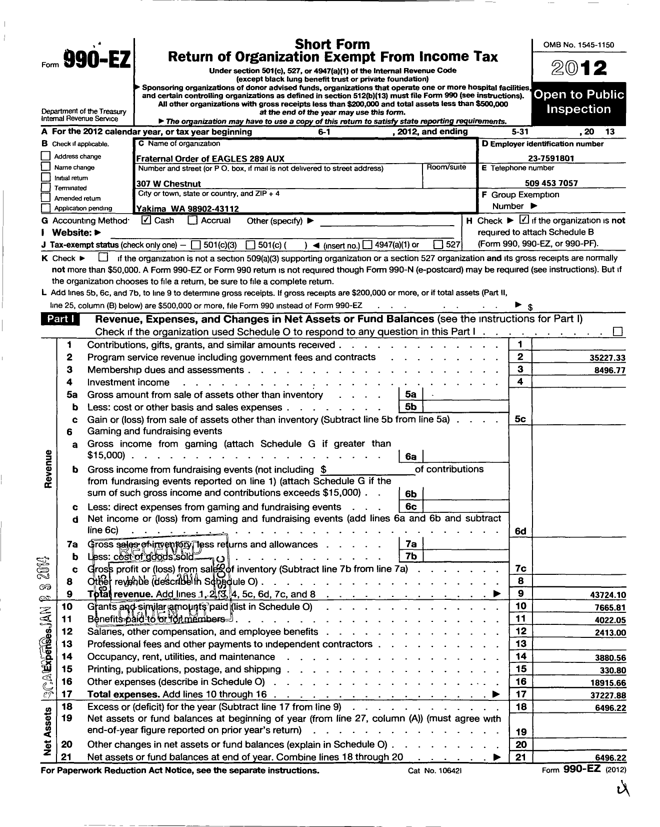 Image of first page of 2012 Form 990EO for Fraternal Order of Eagles - 289 Aux