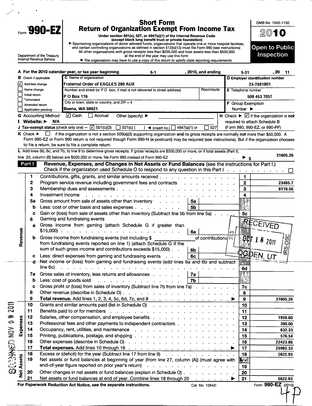 Image of first page of 2010 Form 990EZ for Fraternal Order of Eagles - 289 Aux