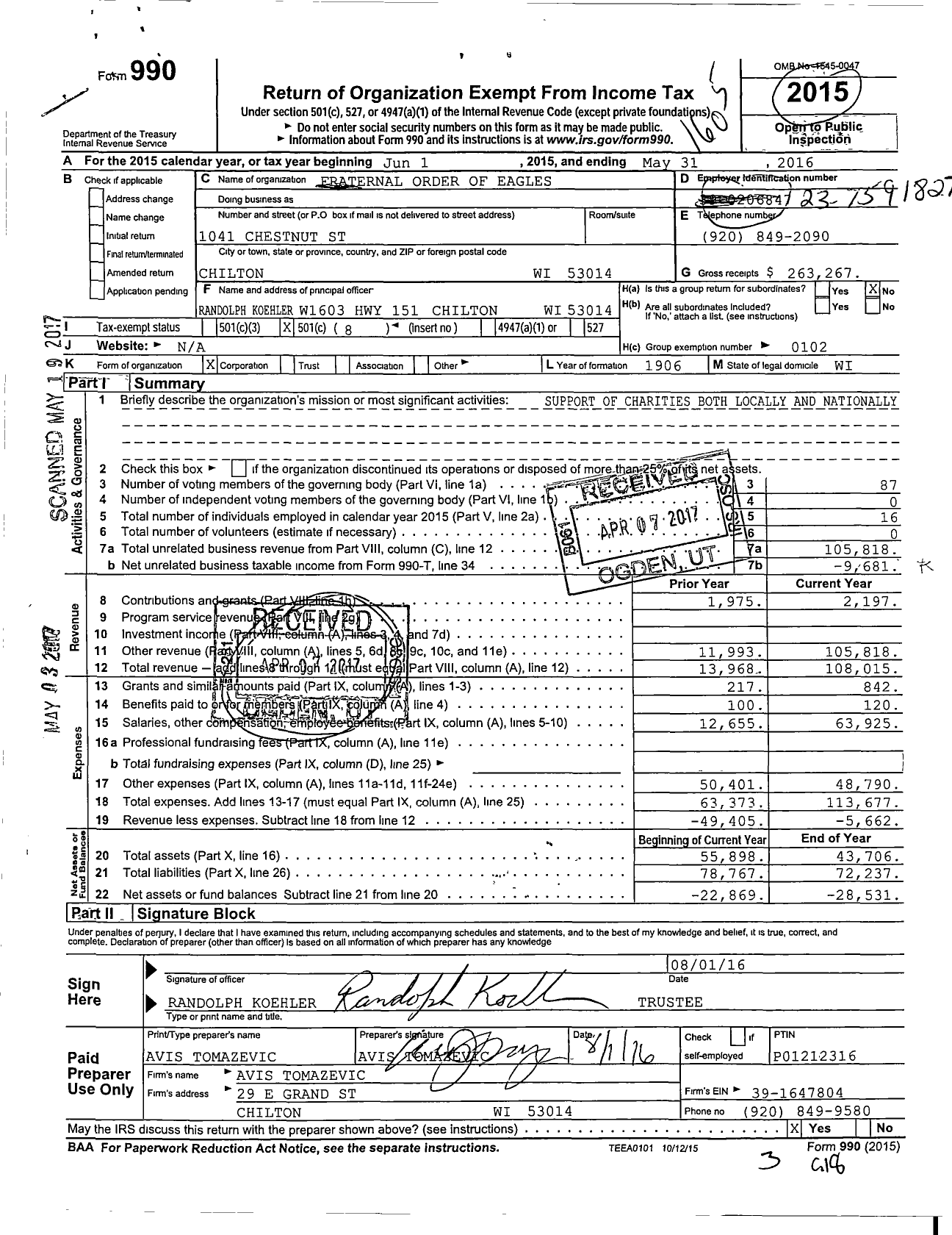 Image of first page of 2015 Form 990O for Fraternal Order of Eagles - 1288 Aux