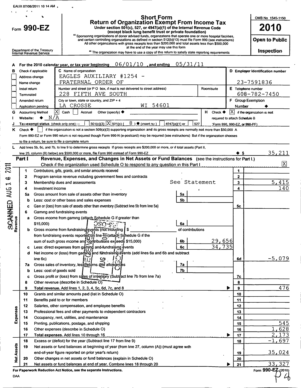 Image of first page of 2010 Form 990EO for Fraternal Order of Eagles - 1254 Aux