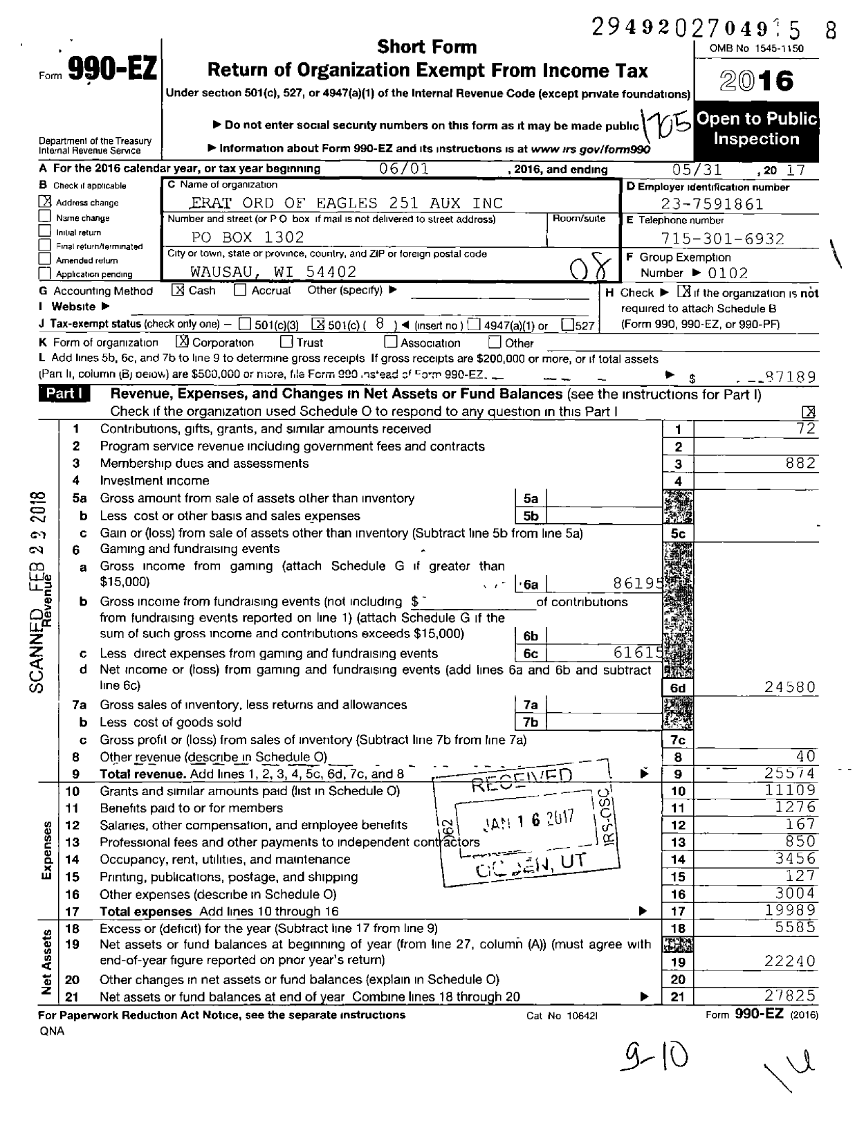 Image of first page of 2016 Form 990EO for Fraternal Order of Eagles - 251 Aux