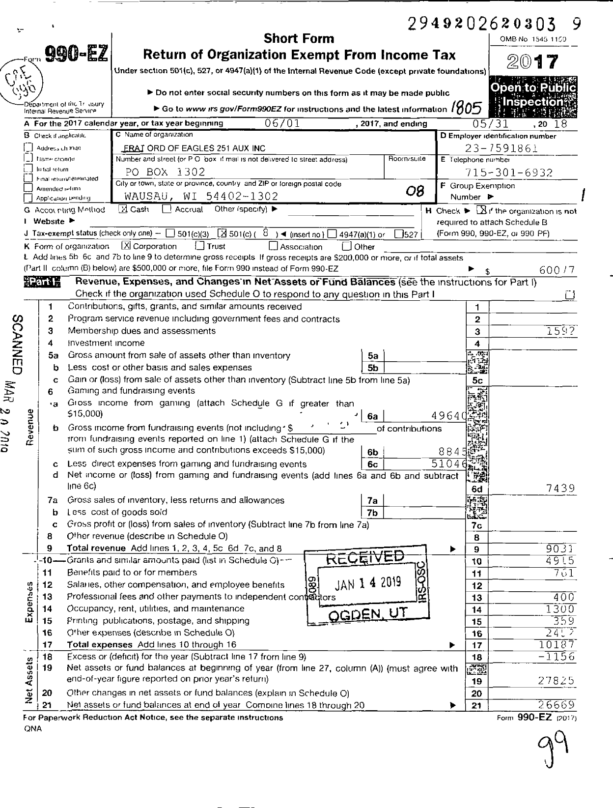 Image of first page of 2017 Form 990EO for Fraternal Order of Eagles - 251 Aux