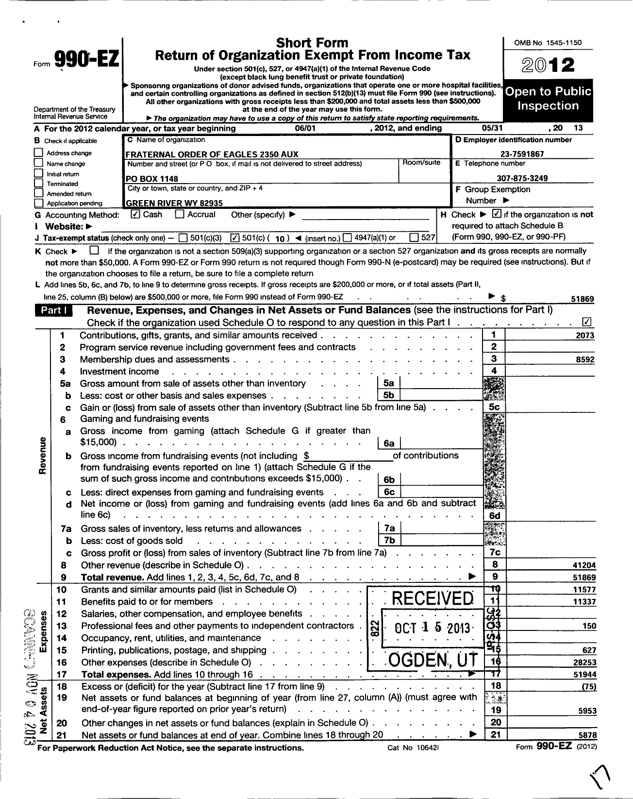 Image of first page of 2012 Form 990EO for Fraternal Order of Eagles - 2350 Aux