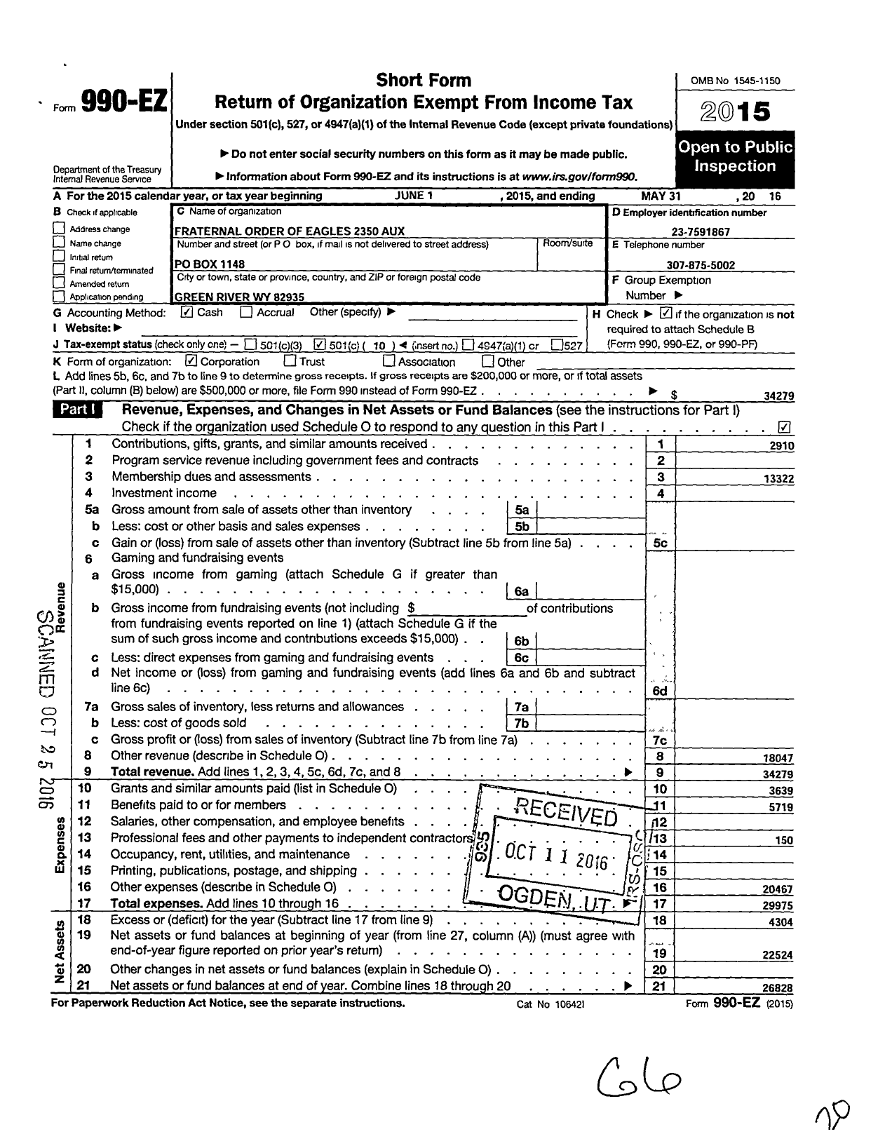 Image of first page of 2015 Form 990EO for Fraternal Order of Eagles - 2350 Aux