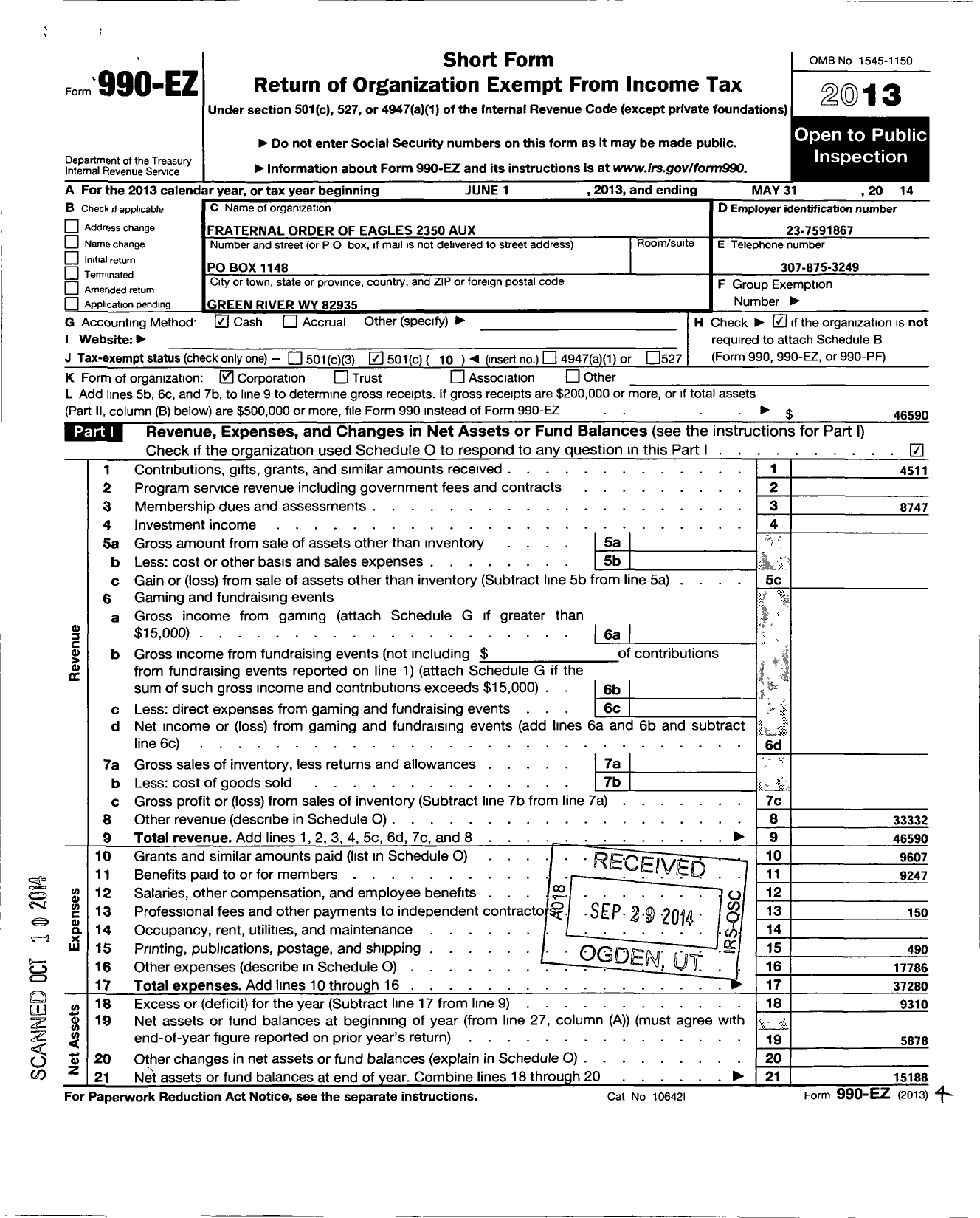 Image of first page of 2013 Form 990EO for Fraternal Order of Eagles - 2350 Aux