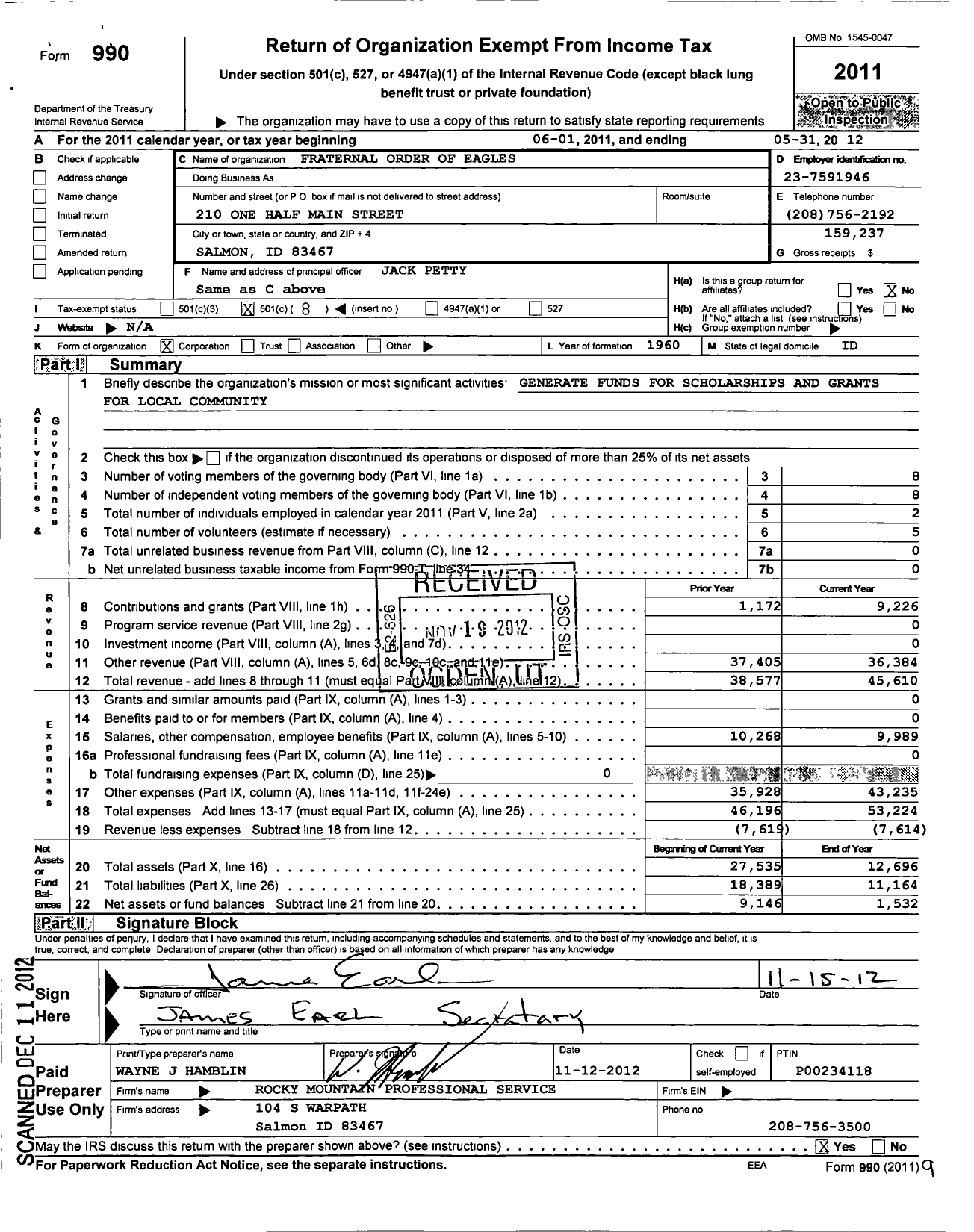 Image of first page of 2011 Form 990O for Fraternal Order of Eagles - 2316 Aerie