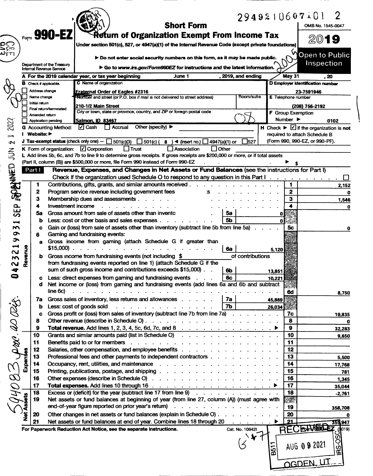 Image of first page of 2019 Form 990EO for Fraternal Order of Eagles - 2316 Aerie