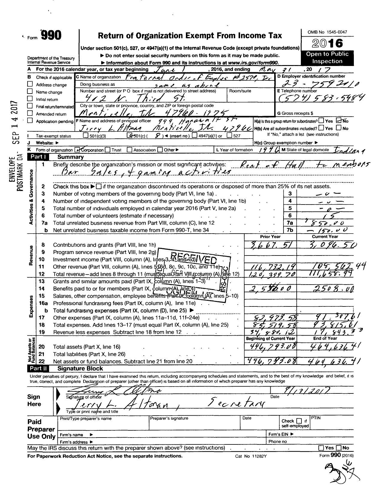 Image of first page of 2016 Form 990O for Fraternal Order of Eagles - 2570 Aerie
