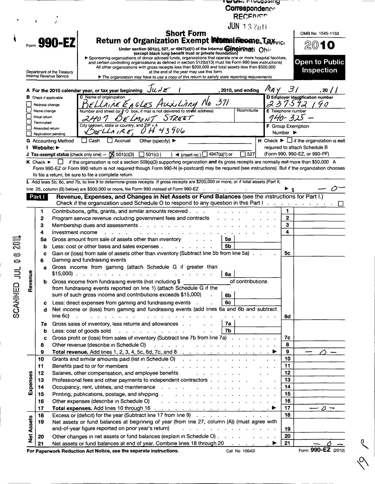 Image of first page of 2010 Form 990EZ for Fraternal Order of Eagles - 371 Aux