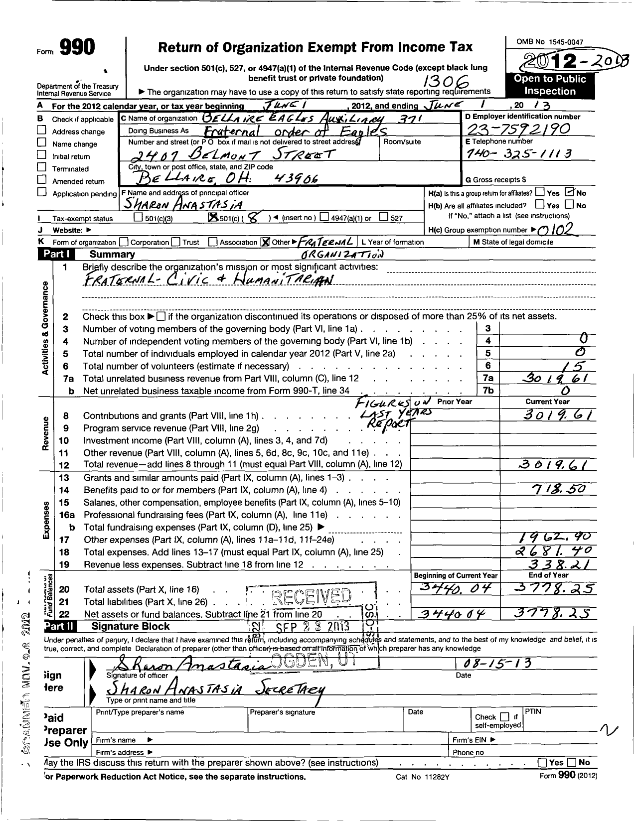 Image of first page of 2012 Form 990O for Fraternal Order of Eagles - 371 Aux