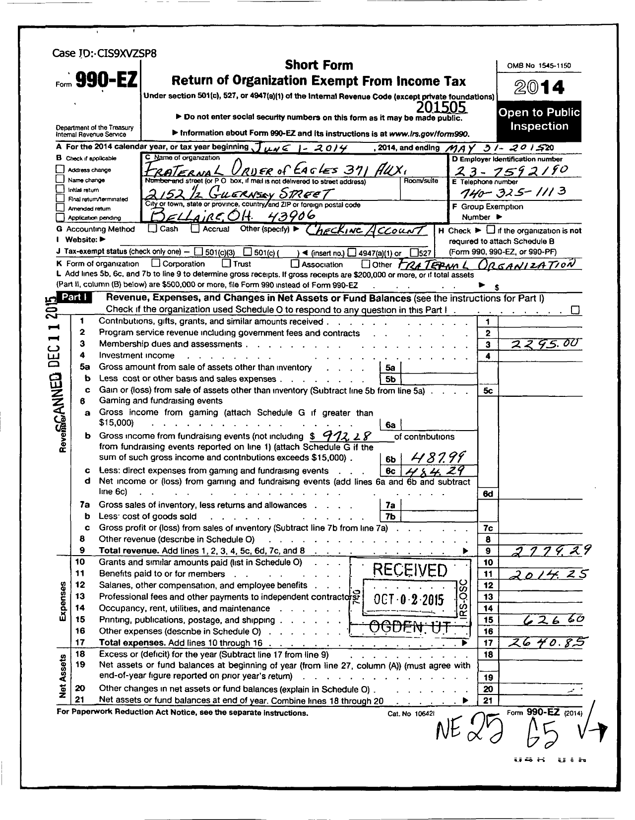 Image of first page of 2014 Form 990EO for Fraternal Order of Eagles - 371 Aux