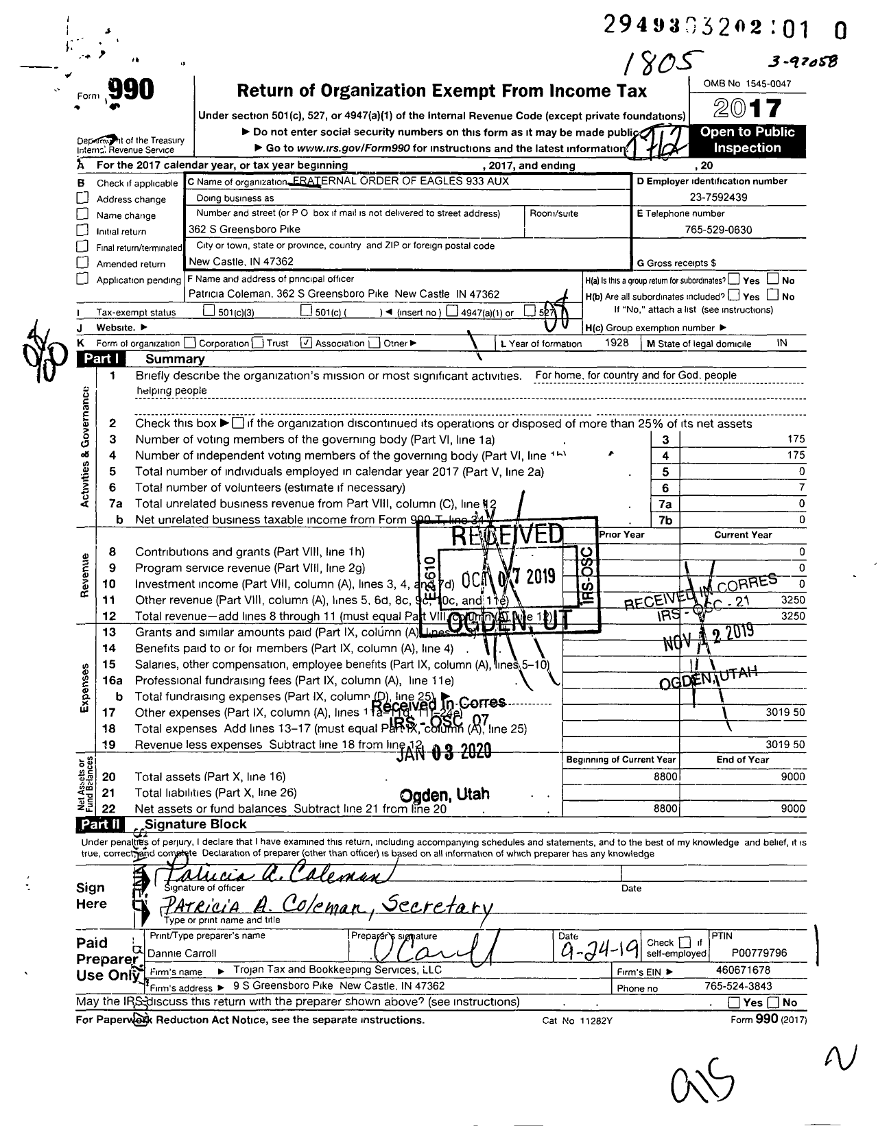 Image of first page of 2017 Form 990O for Fraternal Order of Eagles - 933 Aux