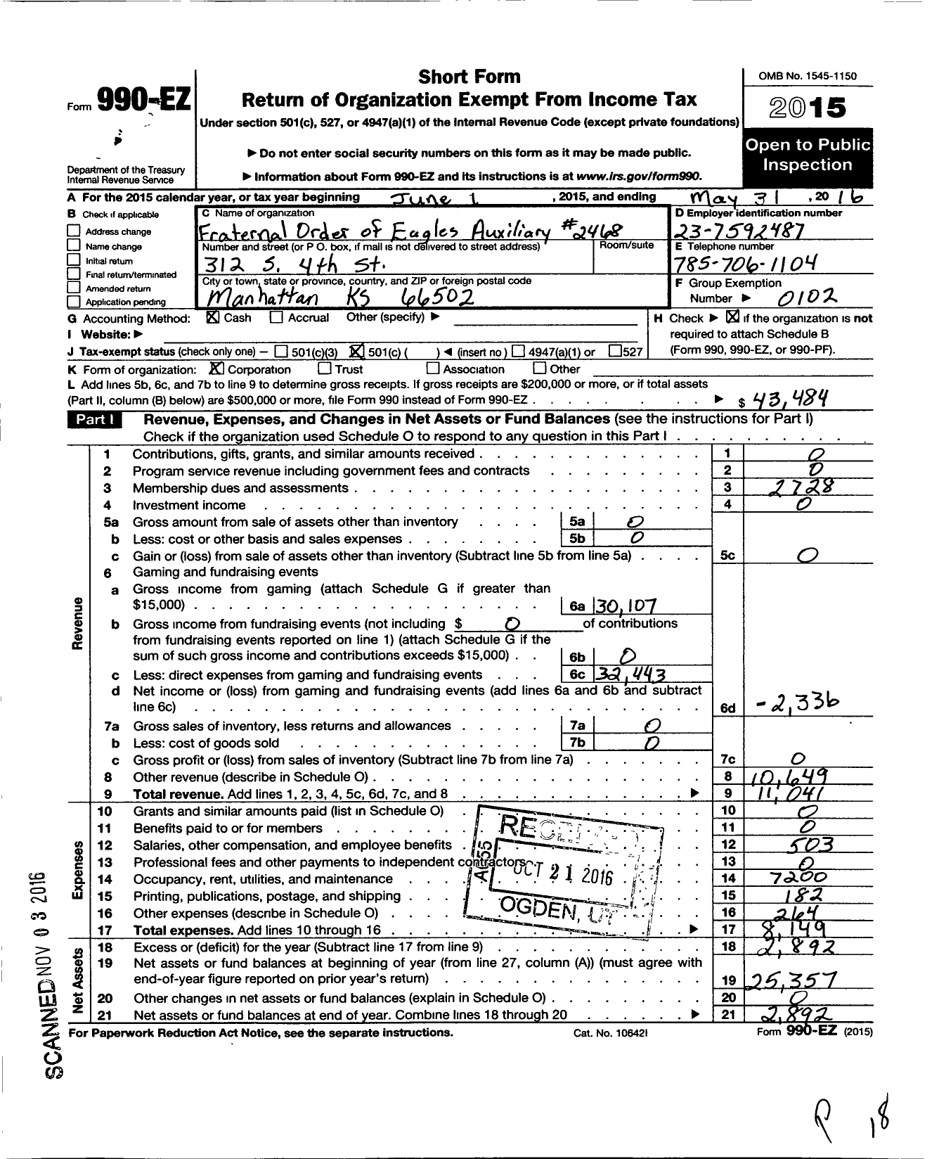 Image of first page of 2015 Form 990EO for Fraternal Order of Eagles / 2468 Aux