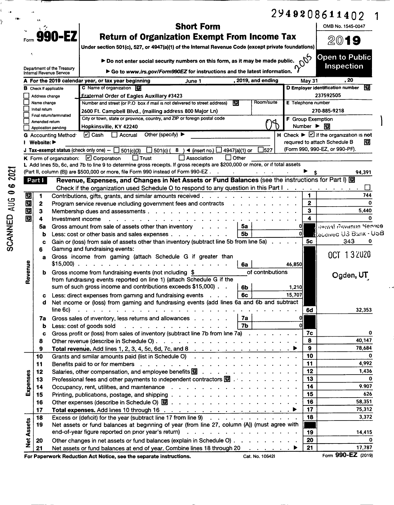 Image of first page of 2019 Form 990EO for FRATERNAL ORDER OF EAGLES - 3423 Aux