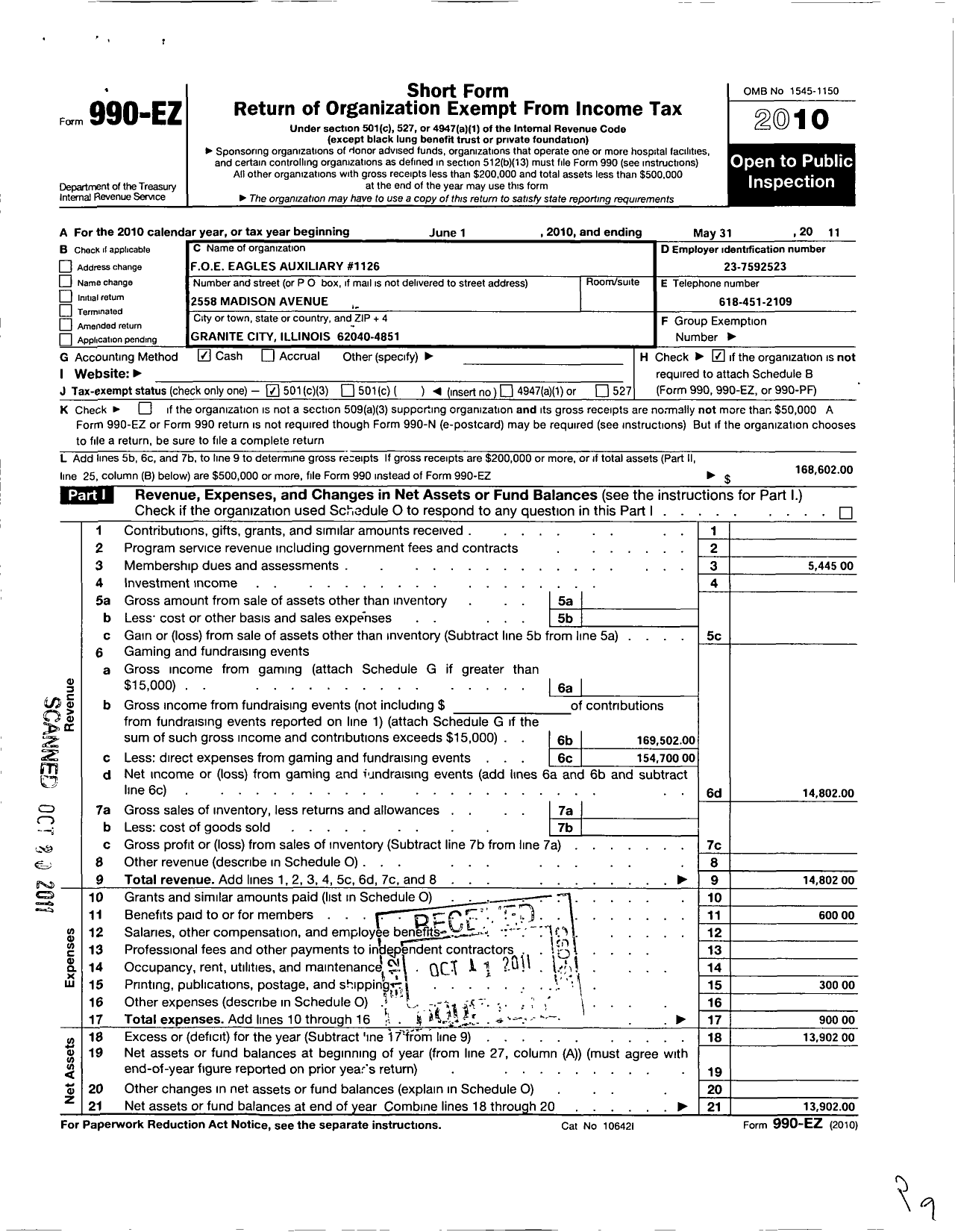 Image of first page of 2010 Form 990EZ for Fraternal Order of Eagles Auxiliary 1126