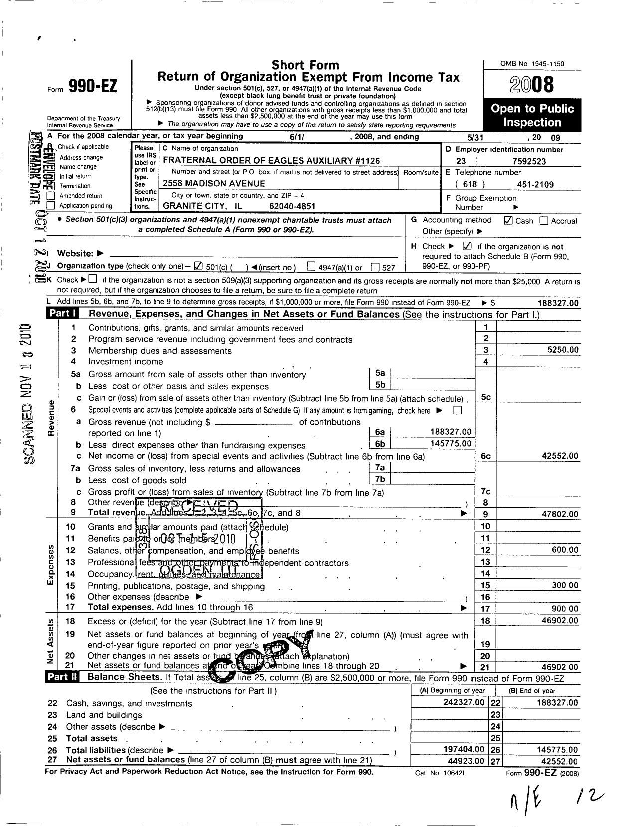 Image of first page of 2008 Form 990EO for Fraternal Order of Eagles Auxiliary 1126