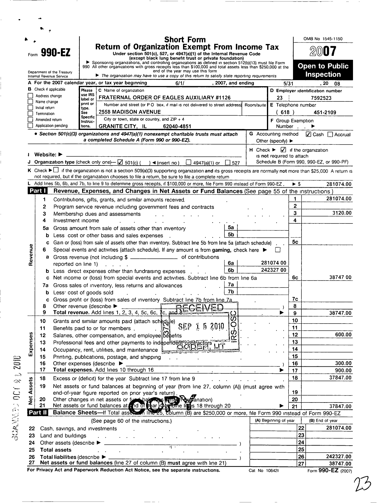 Image of first page of 2007 Form 990EO for Fraternal Order of Eagles Auxiliary 1126