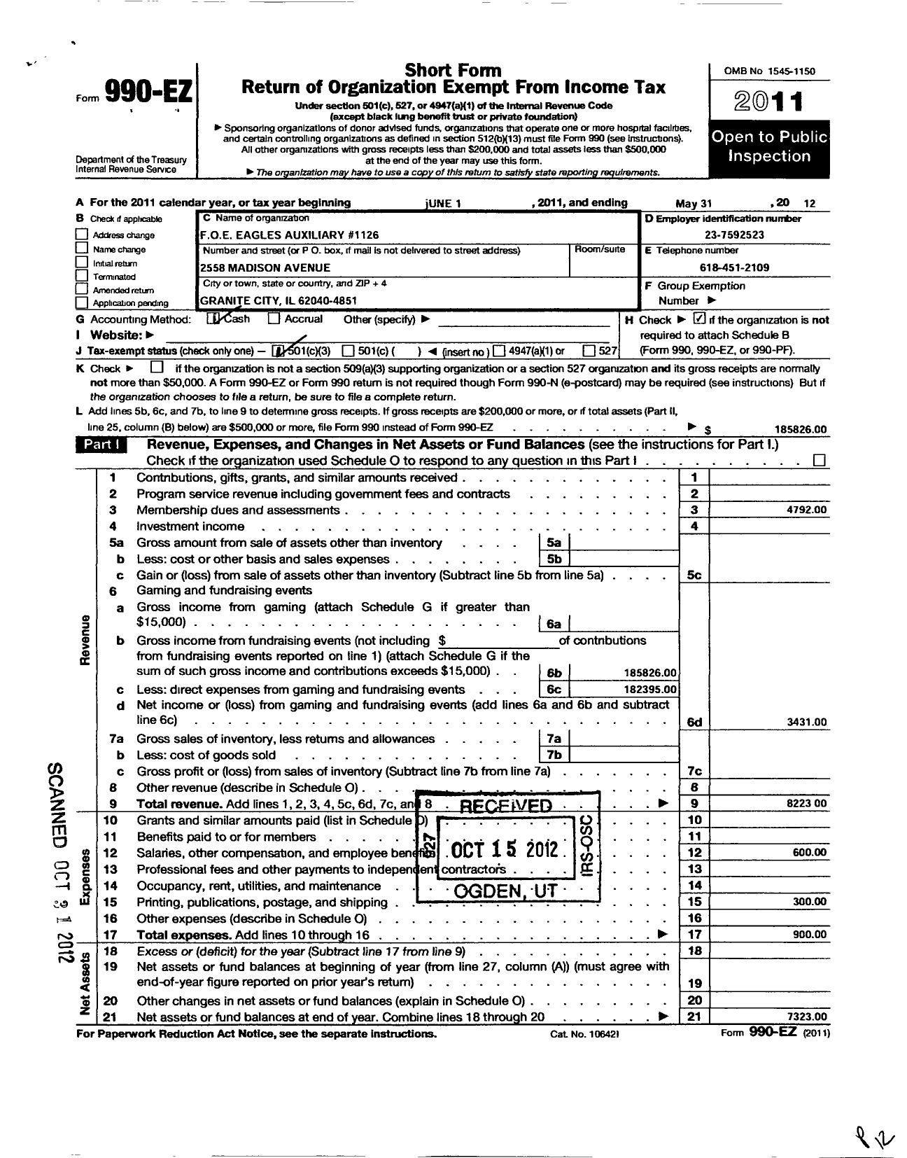 Image of first page of 2011 Form 990EZ for Fraternal Order of Eagles Auxiliary 1126