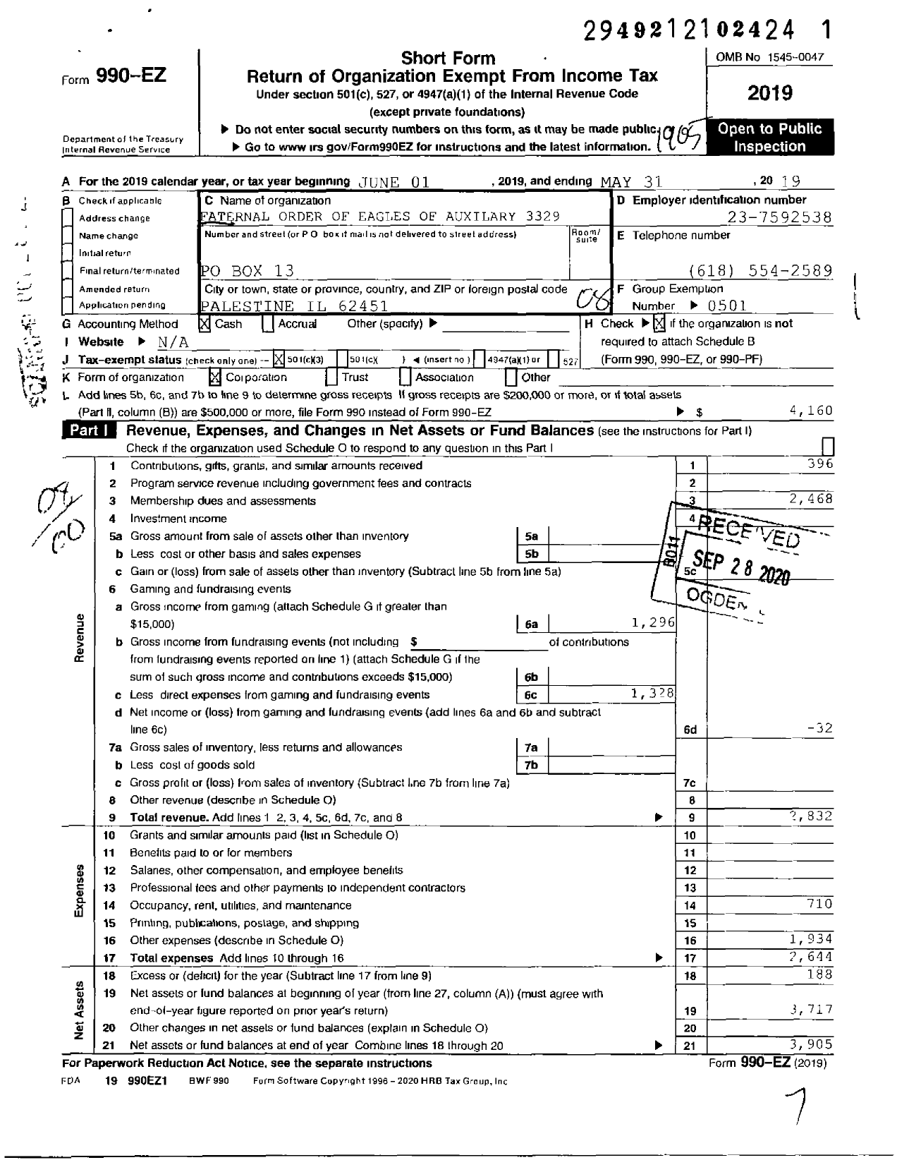 Image of first page of 2018 Form 990EO for FRATERNAL ORDER OF EAGLES Auxiliary 3329