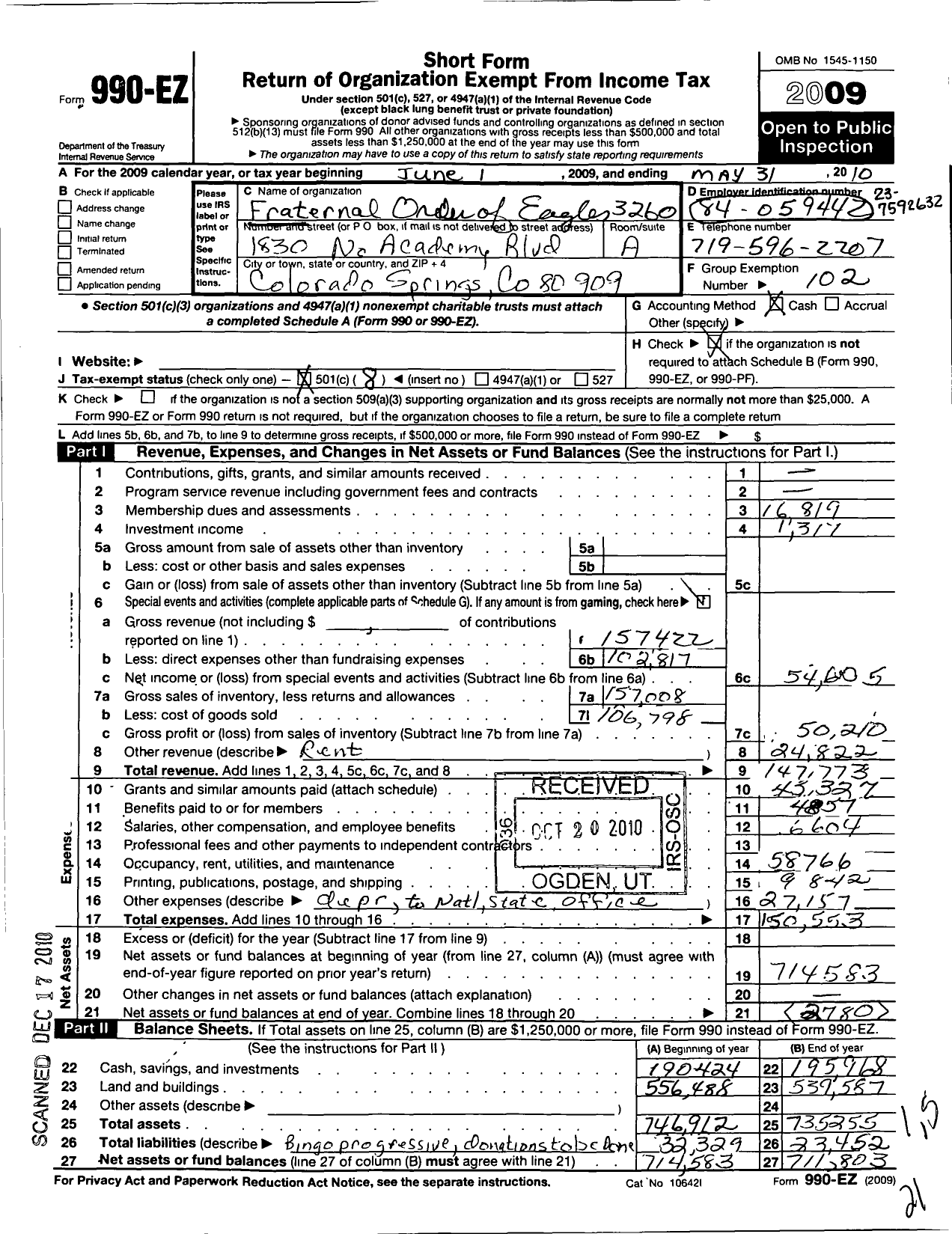 Image of first page of 2009 Form 990EO for Fraternal Order of Eagles - 3260 Aux