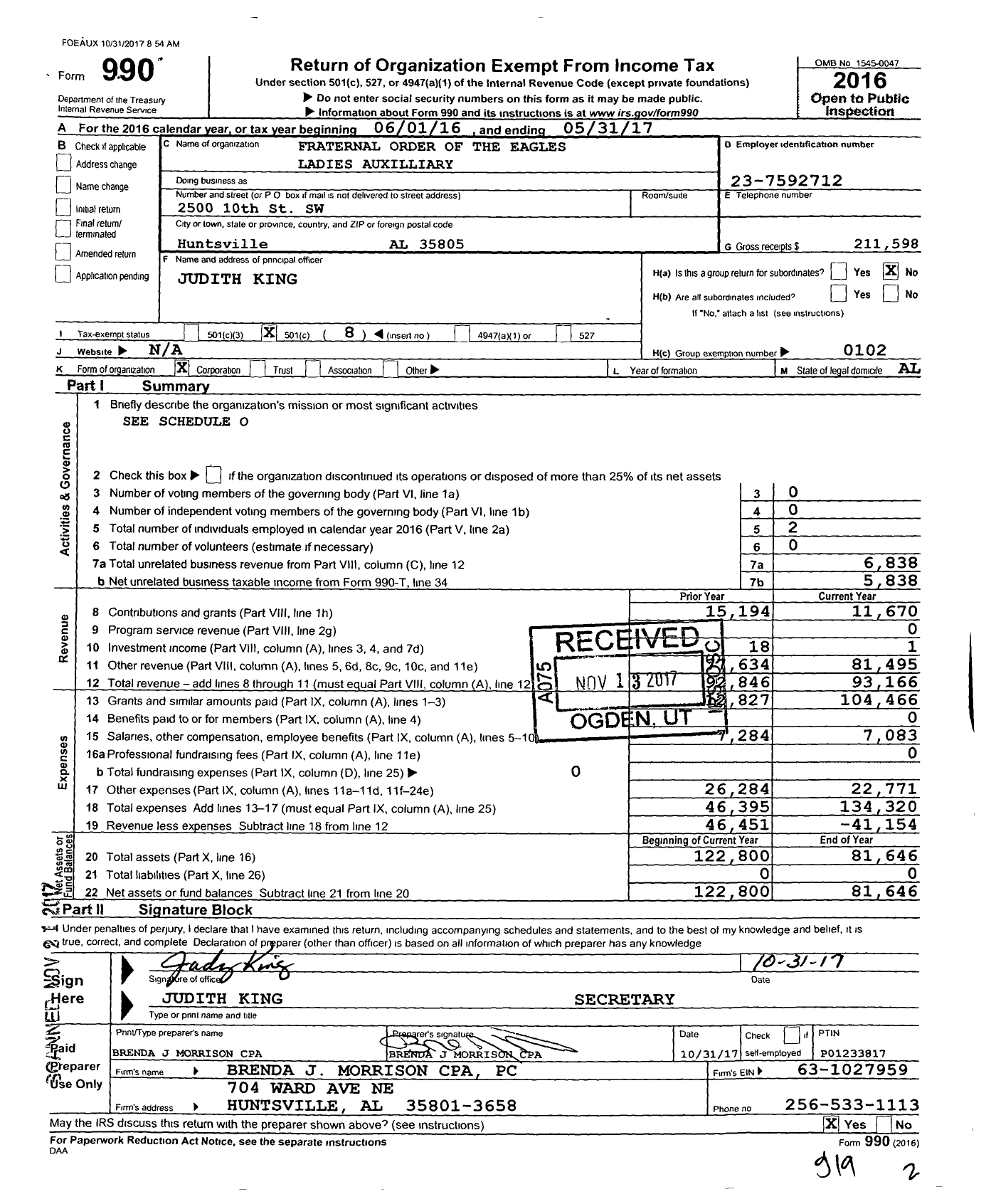 Image of first page of 2016 Form 990O for Fraternal Order of Eagles - 3263 Aux