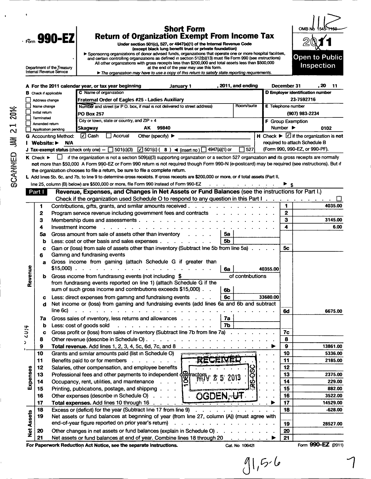 Image of first page of 2011 Form 990EO for Fraternal Order of Eagles - 25 Aux