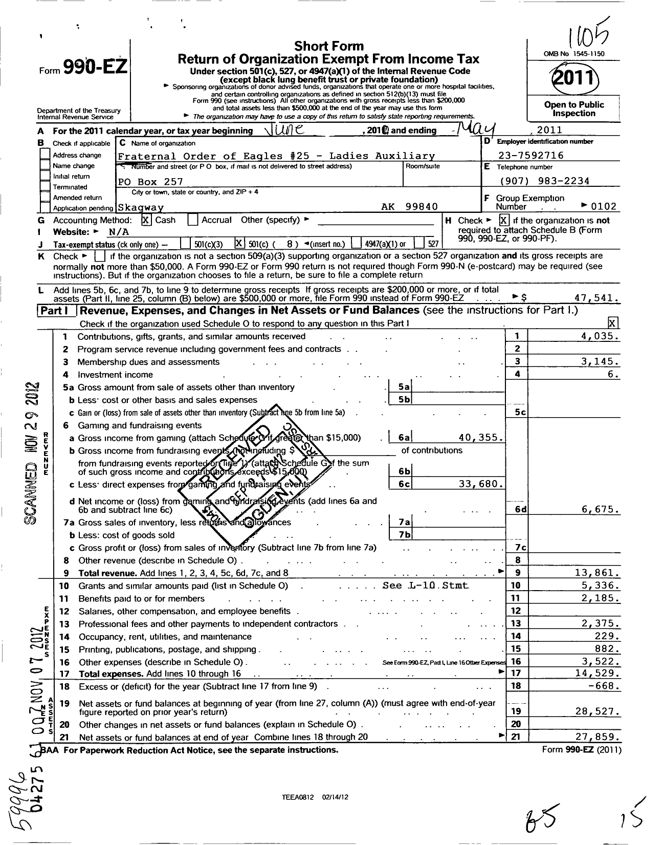 Image of first page of 2010 Form 990EO for Fraternal Order of Eagles - 25 Aux