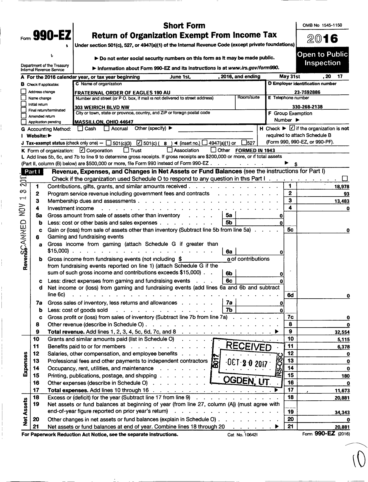 Image of first page of 2016 Form 990EO for Fraternal Order of Eagles - 190 Aux