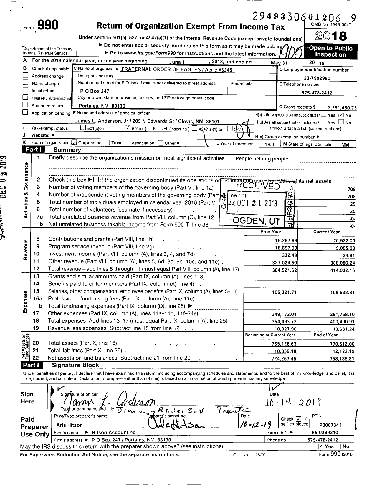 Image of first page of 2018 Form 990O for FRATERNAL ORDER OF EAGLES - 3245 Aerie