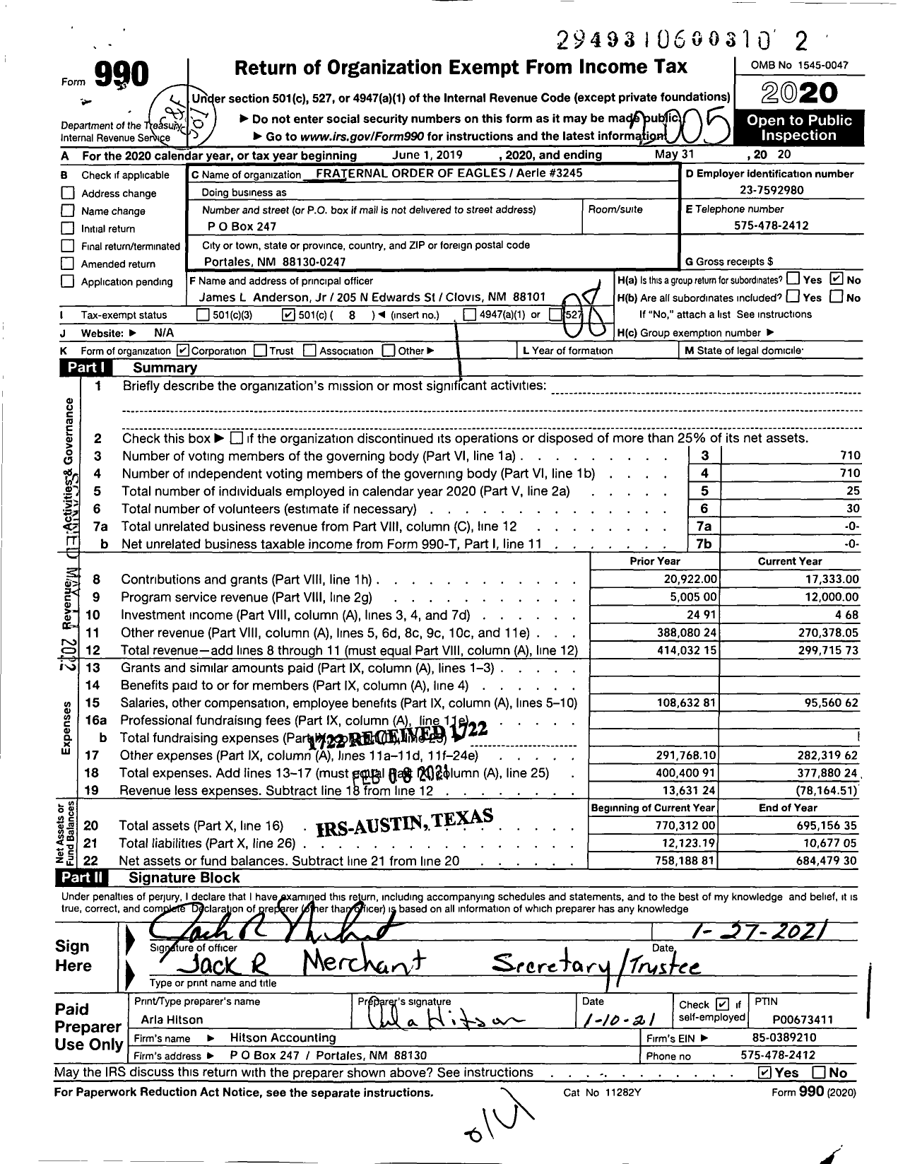 Image of first page of 2019 Form 990O for FRATERNAL ORDER OF EAGLES - 3245 Aerie