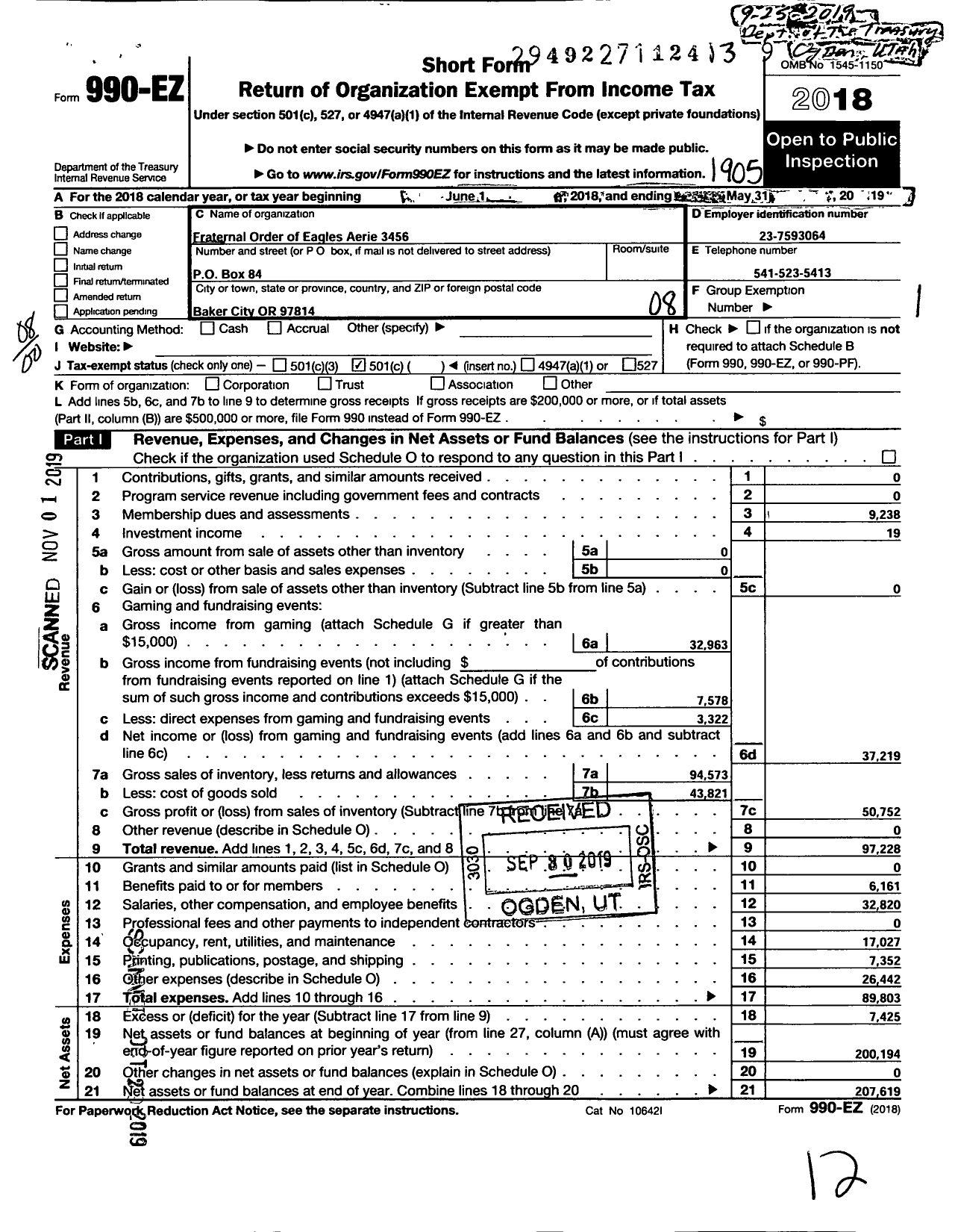 Image of first page of 2018 Form 990EO for FRATERNAL ORDER OF Eagles - 3456 Aerie