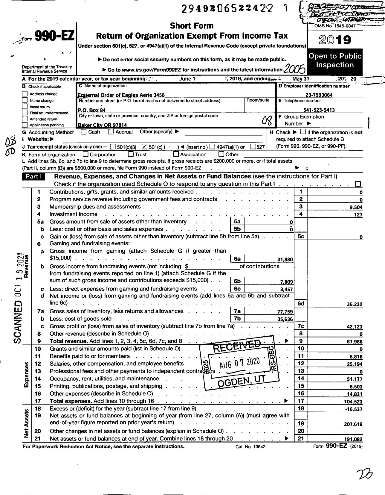 Image of first page of 2019 Form 990EO for FRATERNAL ORDER OF Eagles - 3456 Aerie