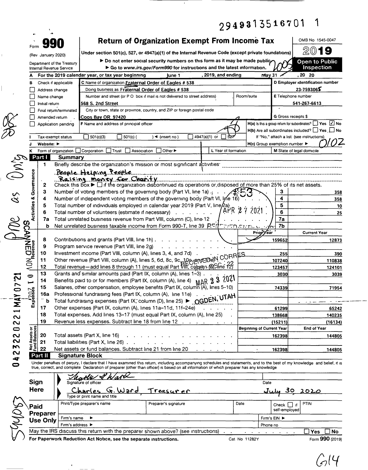 Image of first page of 2019 Form 990O for Fraternal Order of Eagles - 538 Aerie