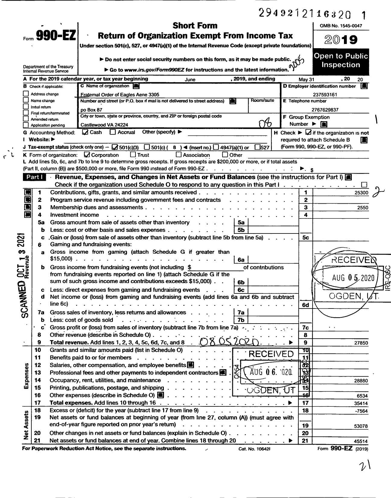 Image of first page of 2019 Form 990EO for Fraternal Order of Eagles - 3305 Aerie