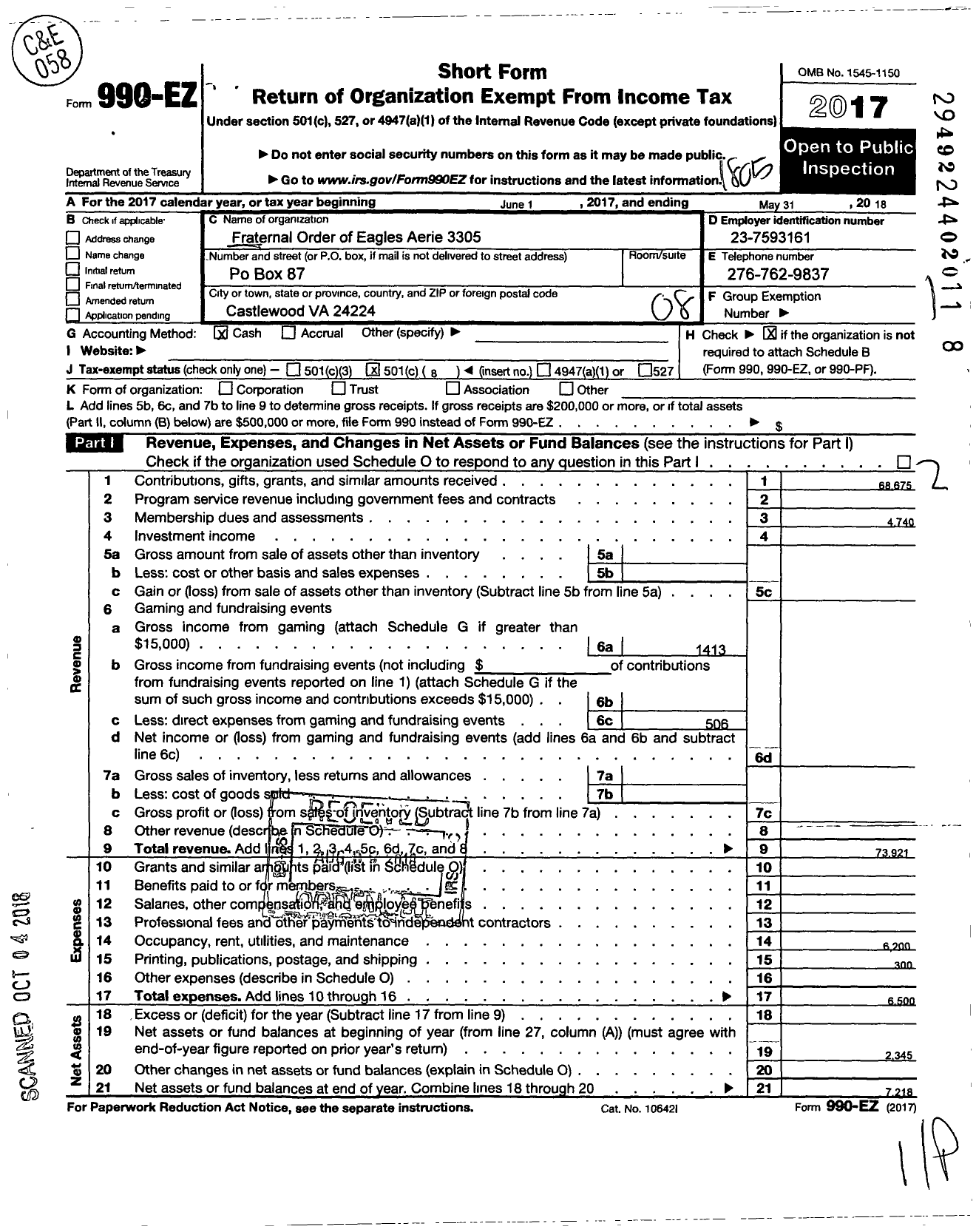 Image of first page of 2017 Form 990EO for Fraternal Order of Eagles - 3305 Aerie