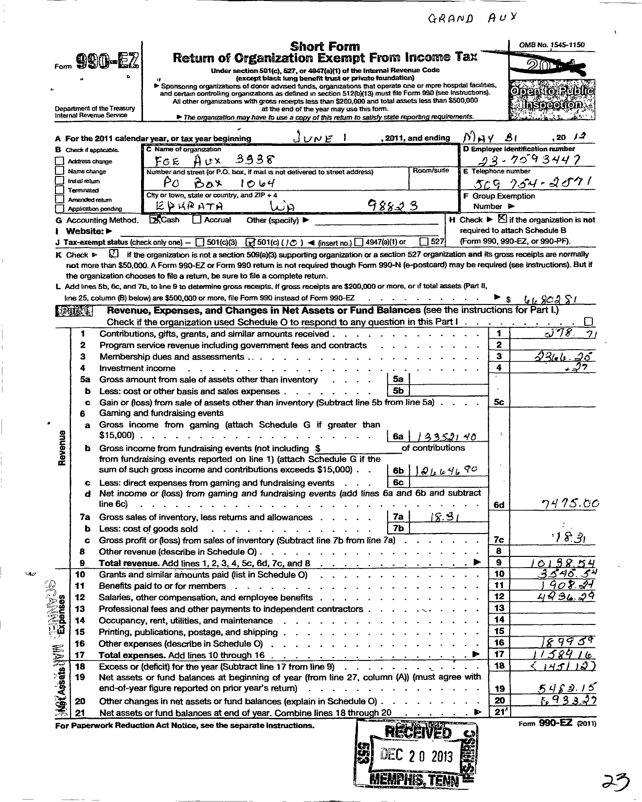 Image of first page of 2011 Form 990EO for Fraternal Order of Eagles - 3338 Aux
