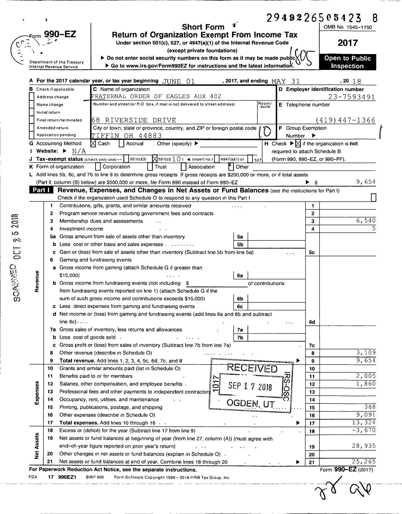 Image of first page of 2017 Form 990EO for Fraternal Order of Eagles - 402 Aux