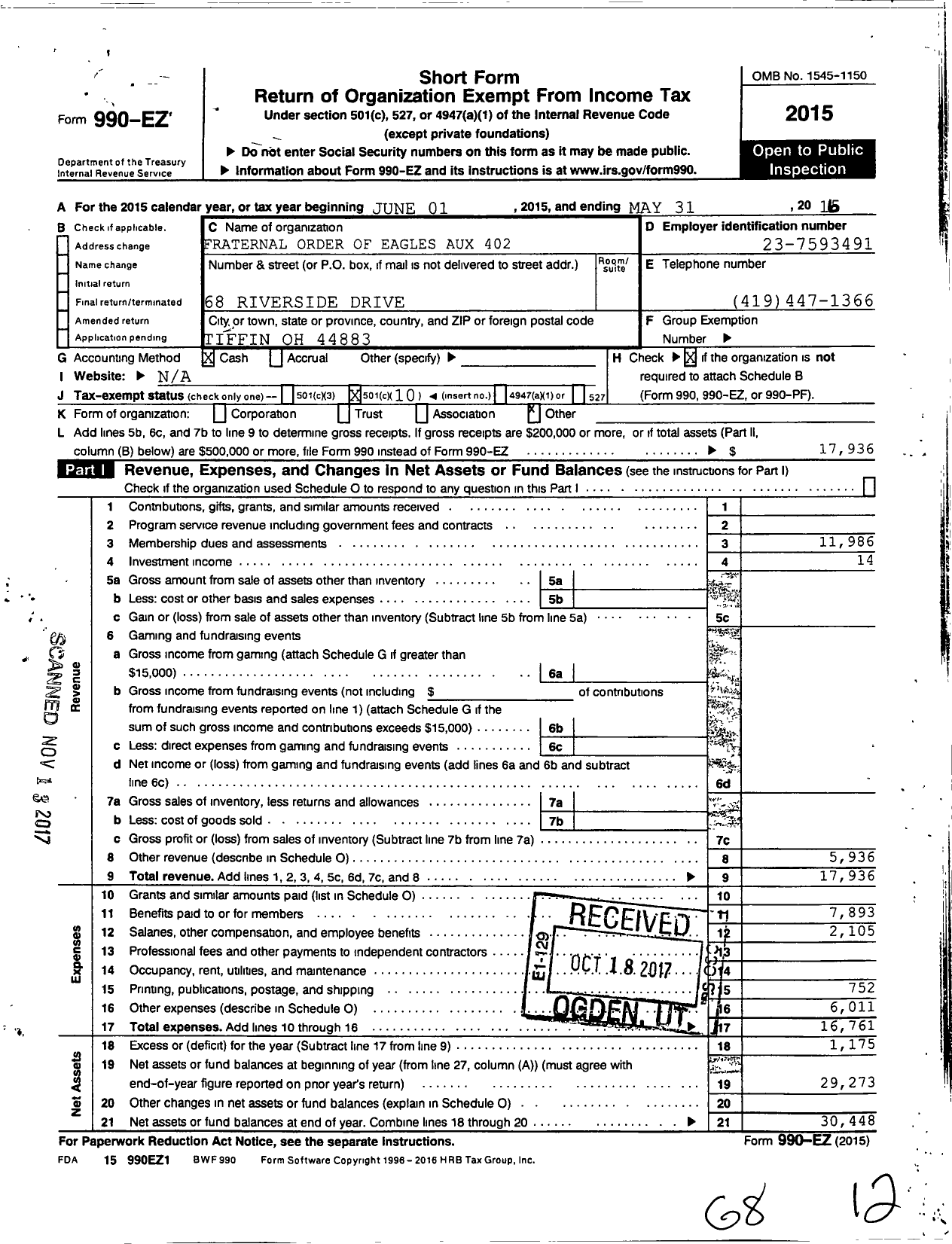 Image of first page of 2015 Form 990EO for Fraternal Order of Eagles - 402 Aux