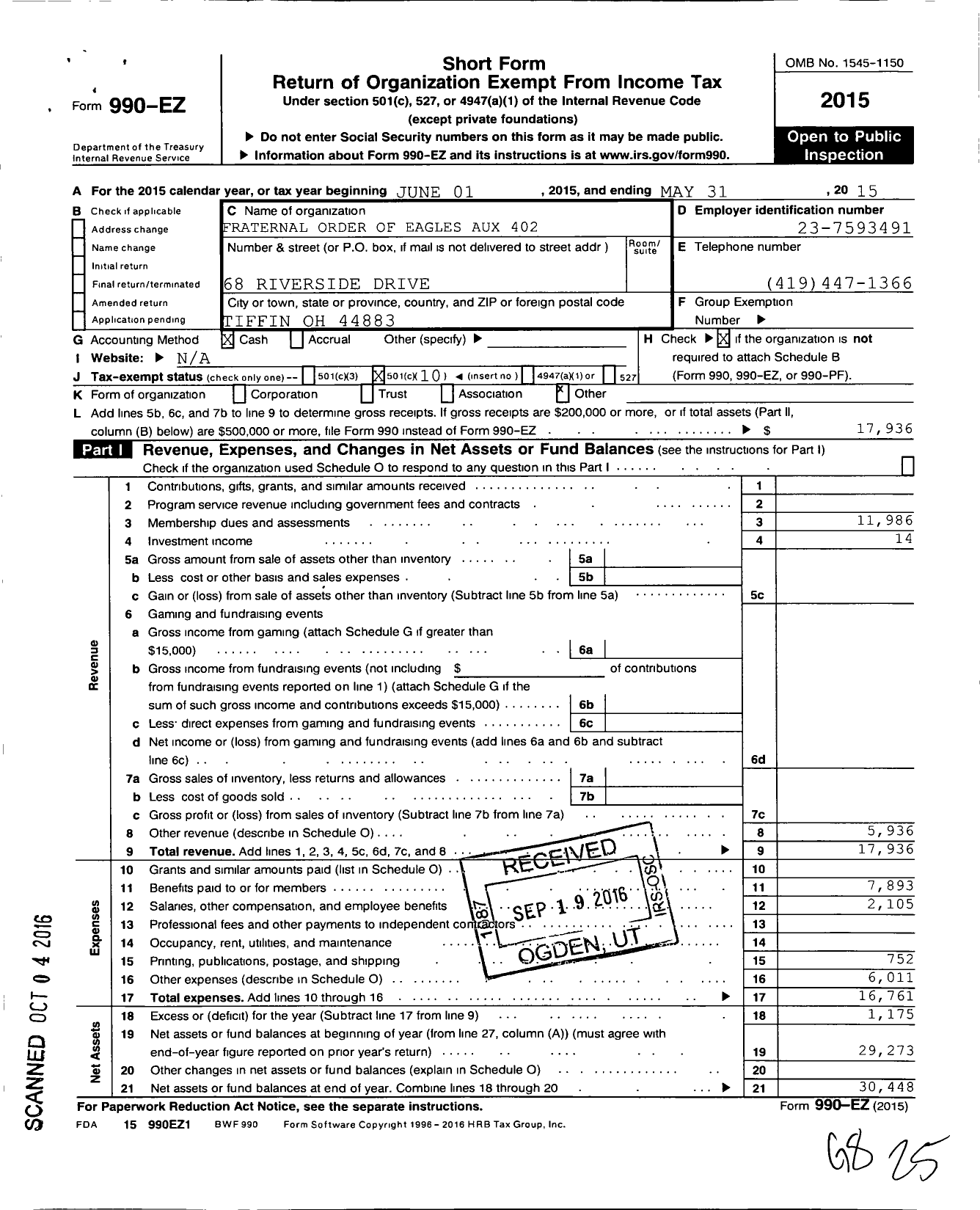 Image of first page of 2014 Form 990EO for Fraternal Order of Eagles - 402 Aux