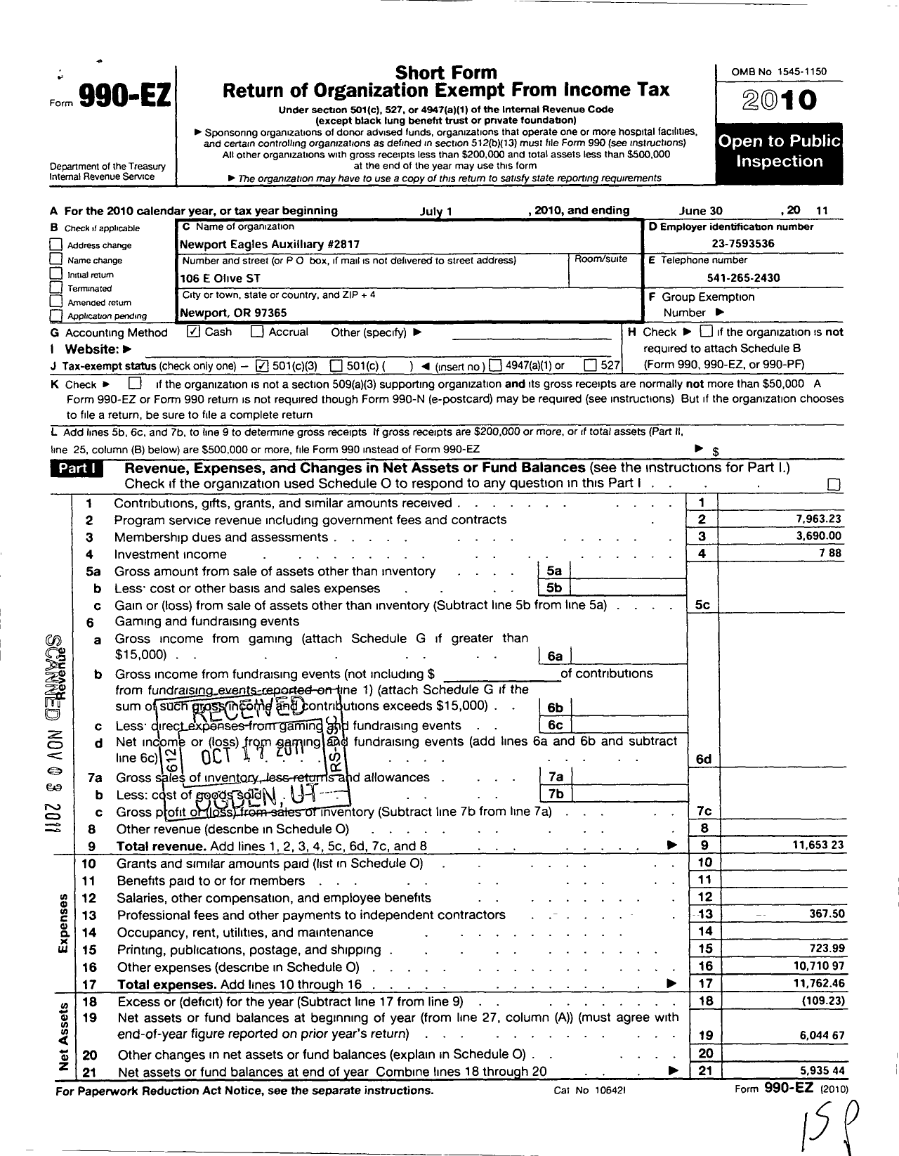 Image of first page of 2010 Form 990EZ for Ladies Auxiliary To New York Aerie 2817 Fraternal Order of the Eagles